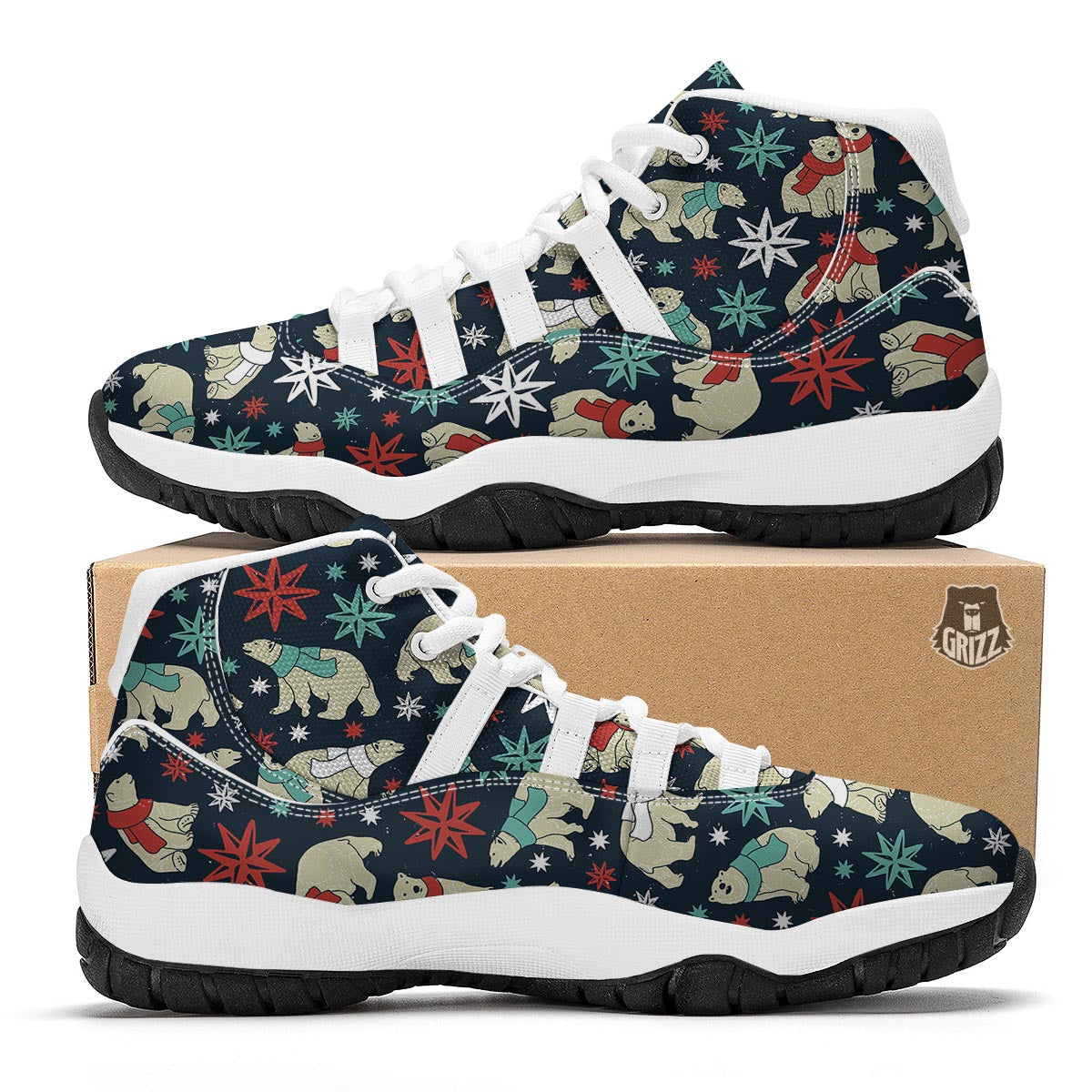 Polar Bear Snow Christmas Pattern Print White Bball Shoes-grizzshop