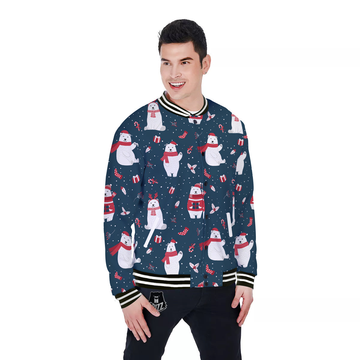 Polar Bear Xmas Print Pattern Baseball Jacket-grizzshop