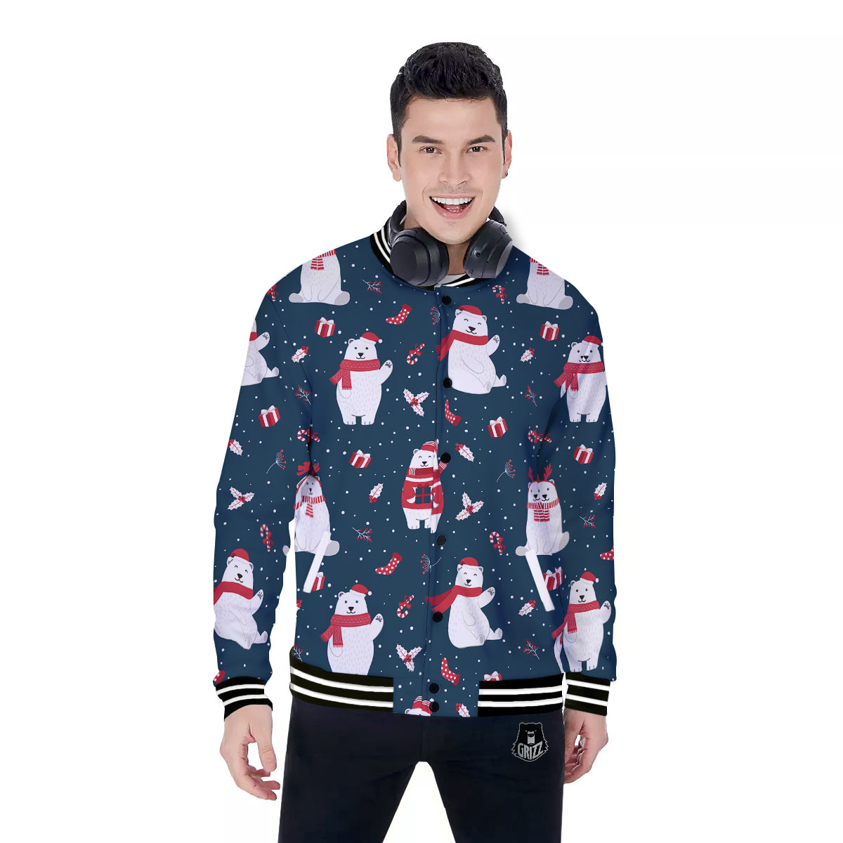 Polar Bear Xmas Print Pattern Baseball Jacket-grizzshop