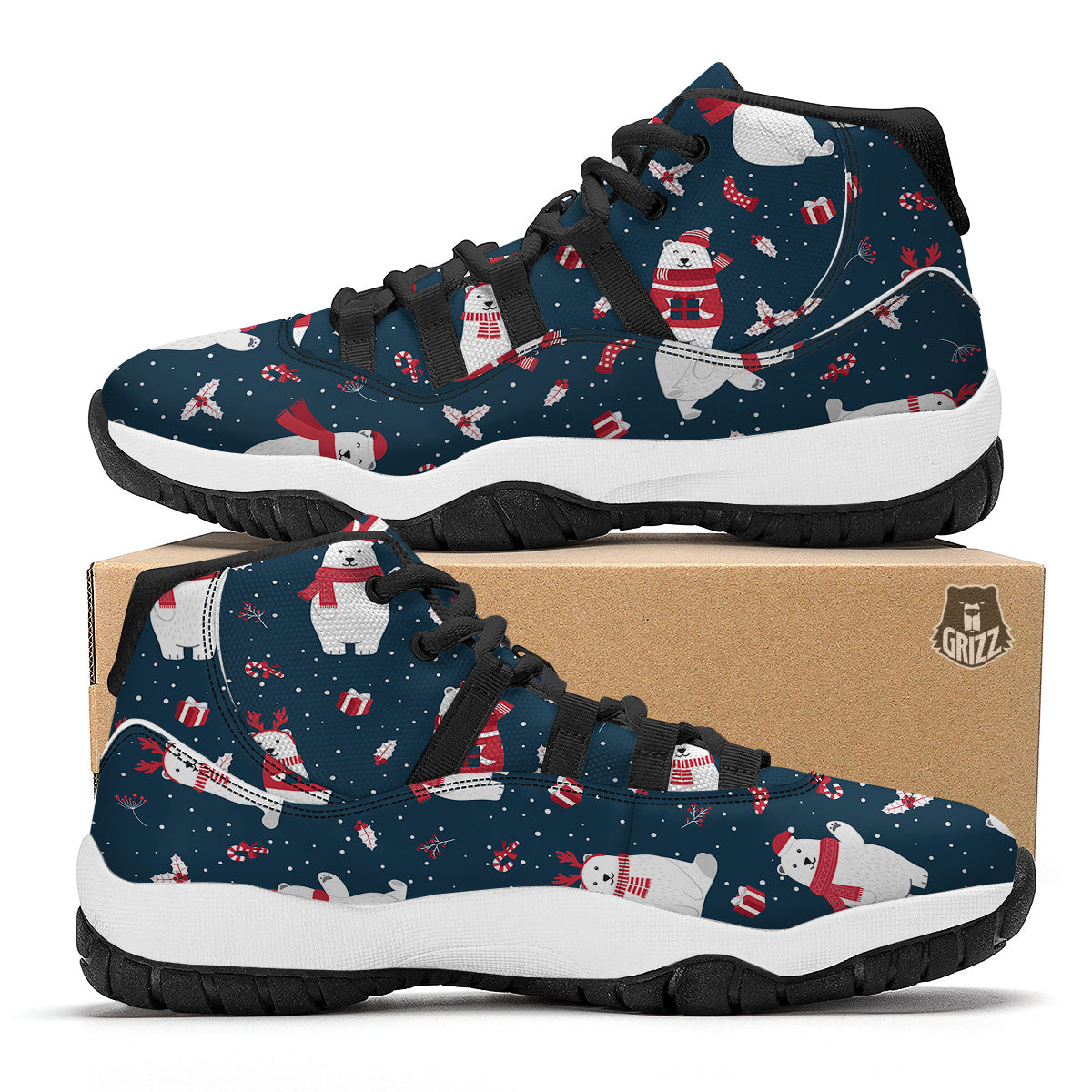 Polar Bear Xmas Print Pattern Black Bball Shoes-grizzshop