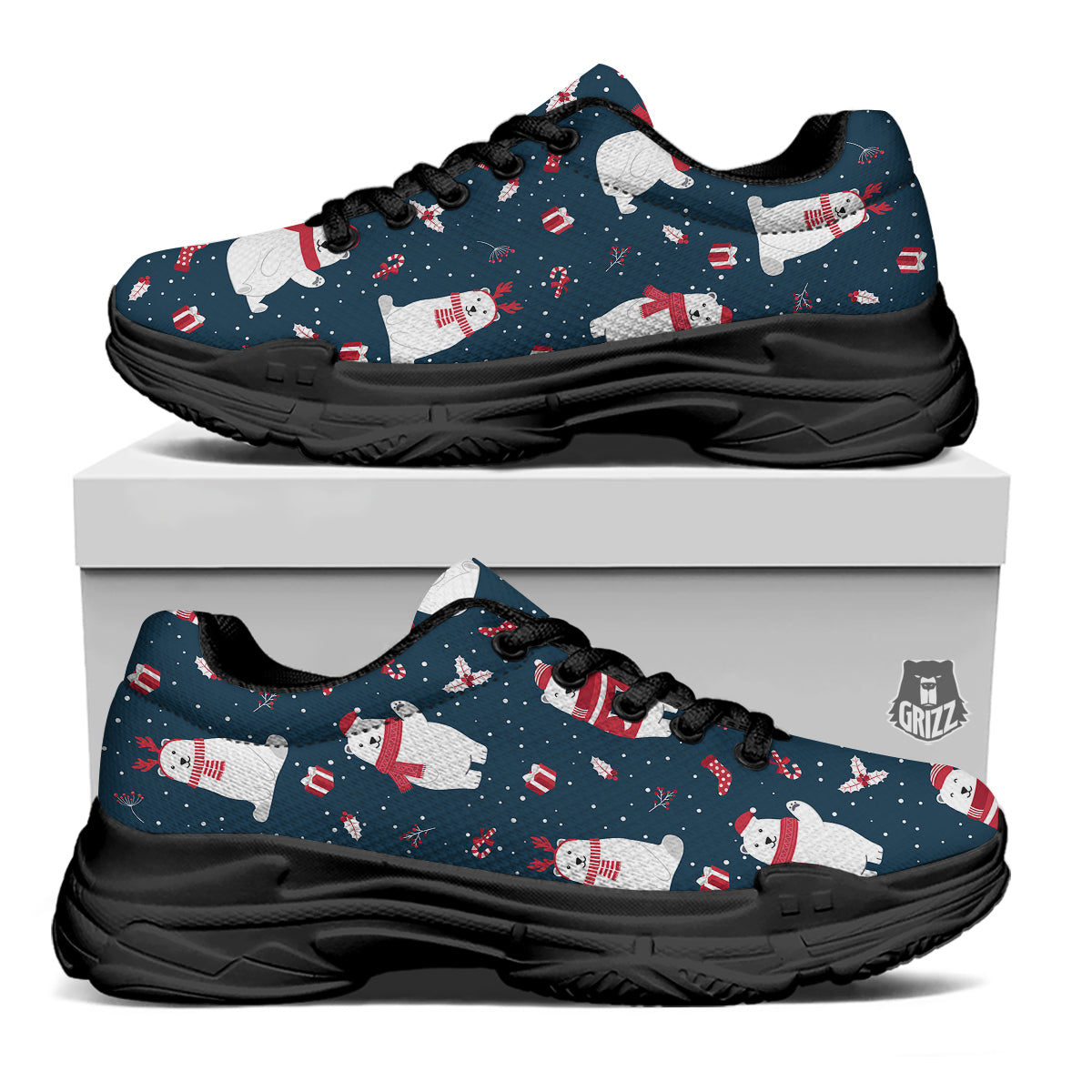 Polar Bear Xmas Print Pattern Black Chunky Shoes-grizzshop