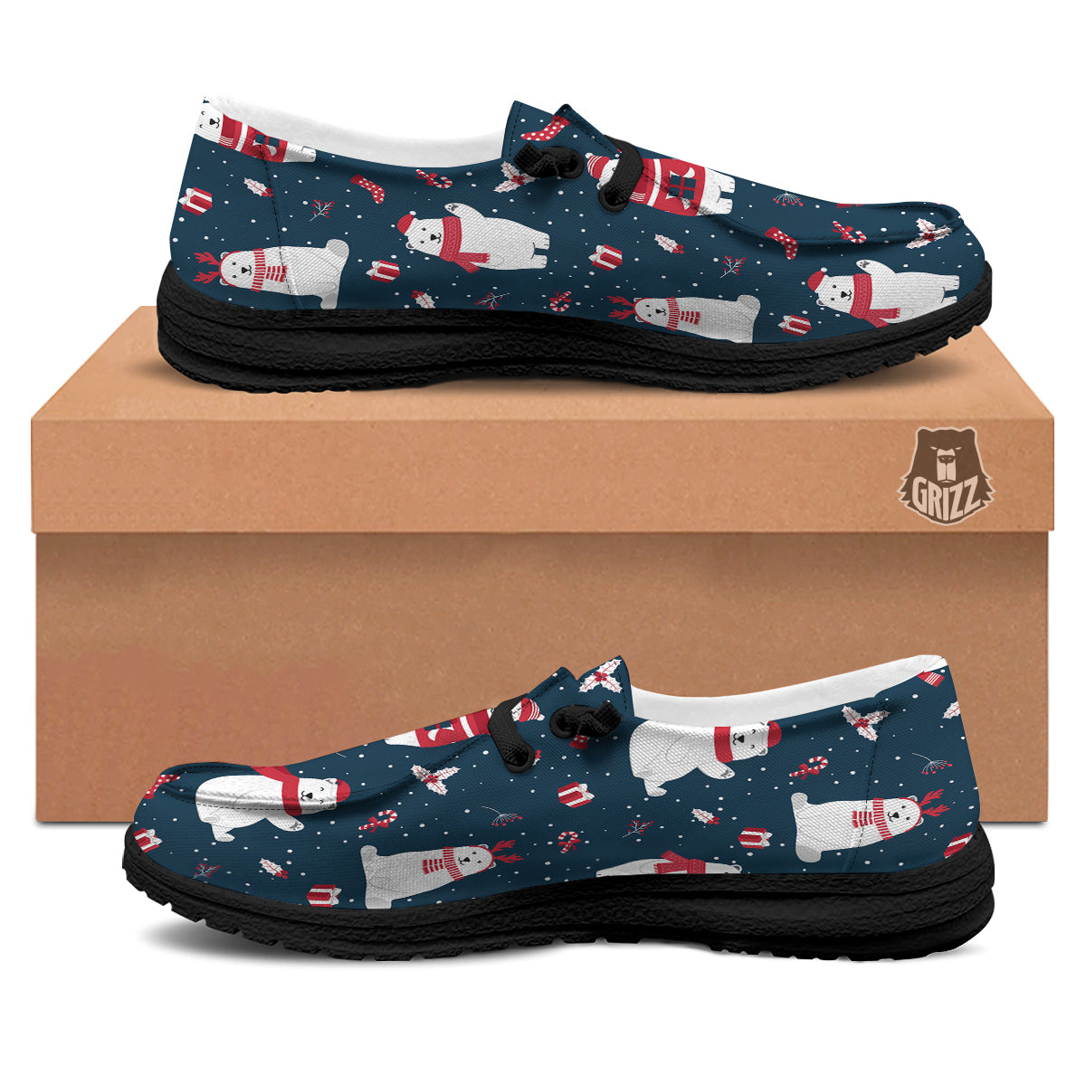 Polar Bear Xmas Print Pattern Black Loafers-grizzshop