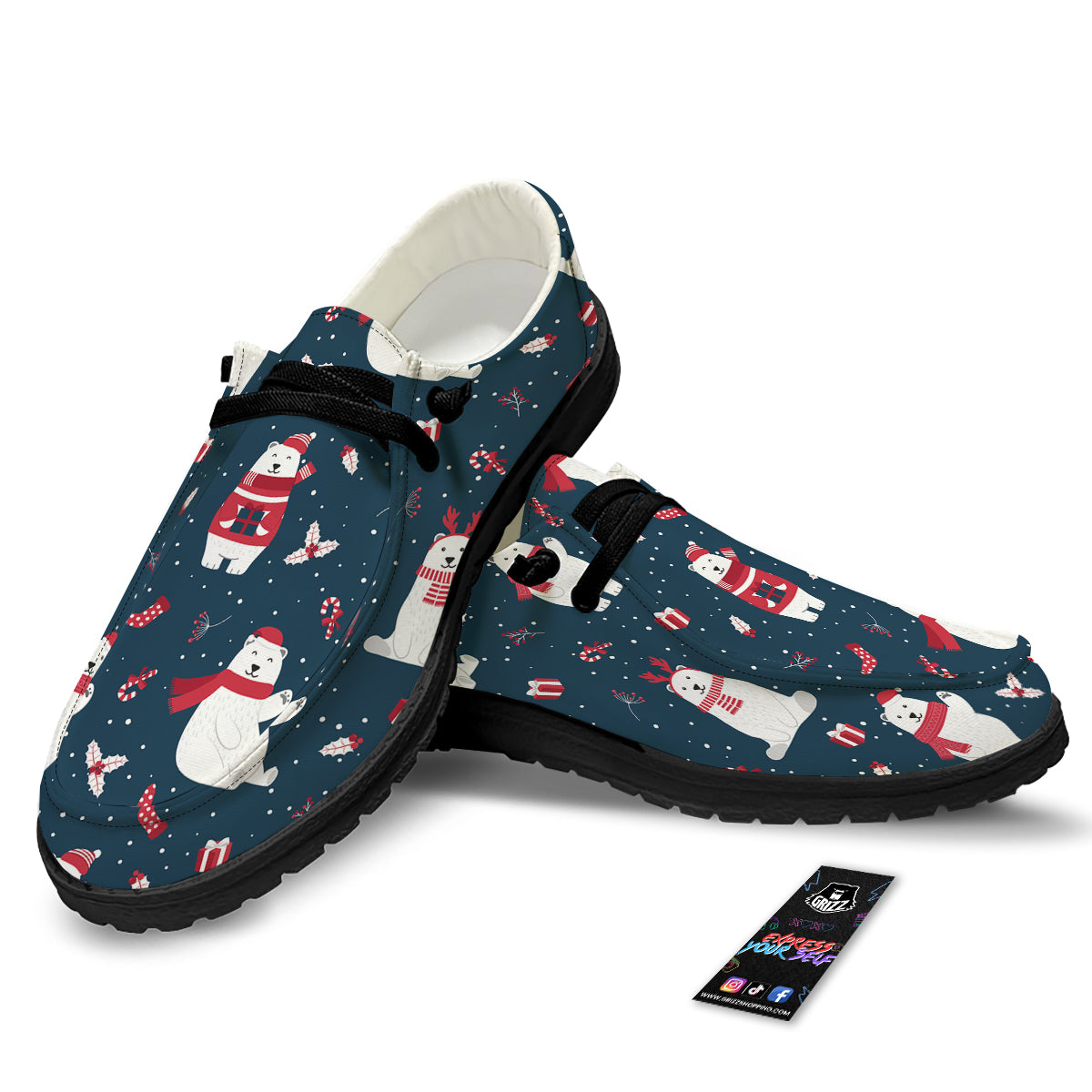Polar Bear Xmas Print Pattern Black Loafers-grizzshop