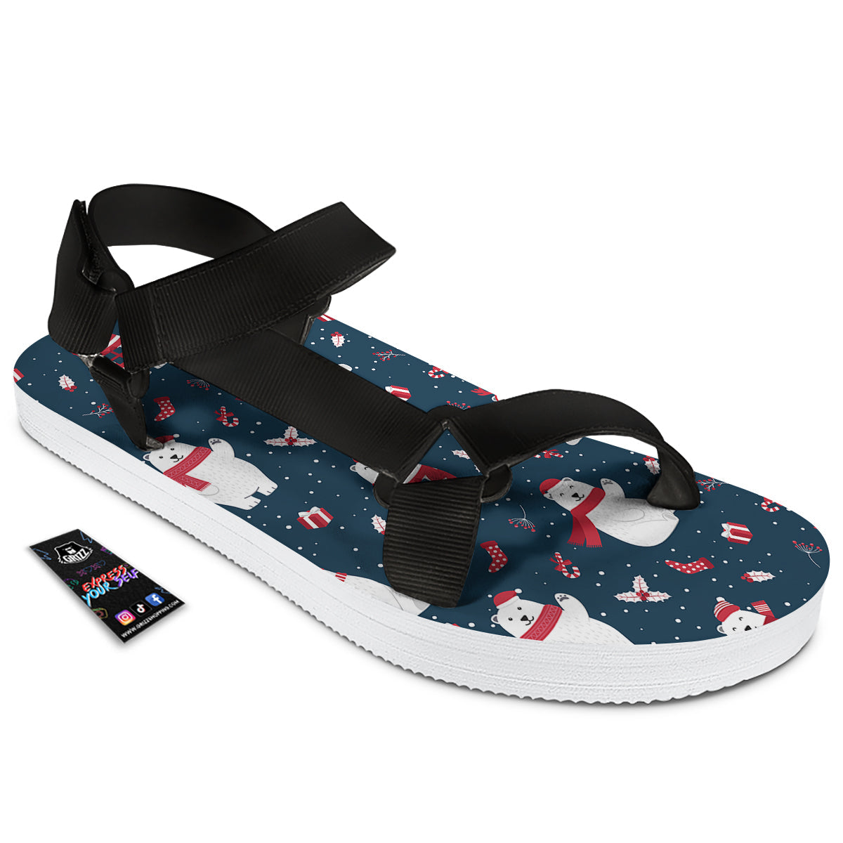 Polar Bear Xmas Print Pattern Black Open Toe Sandals-grizzshop