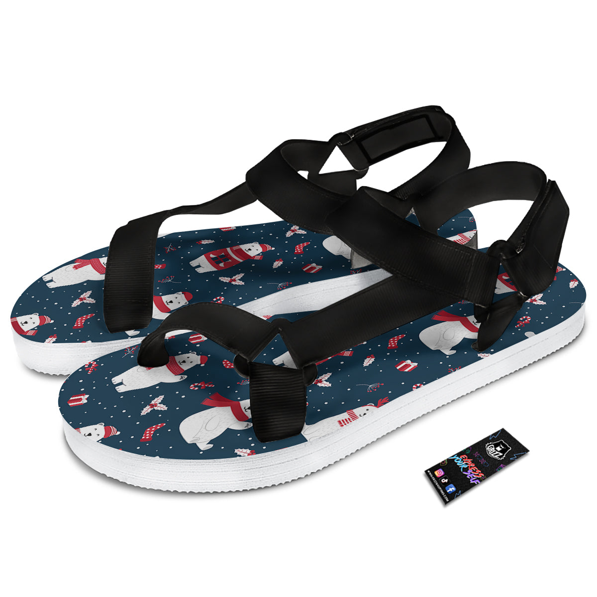 Polar Bear Xmas Print Pattern Black Open Toe Sandals-grizzshop