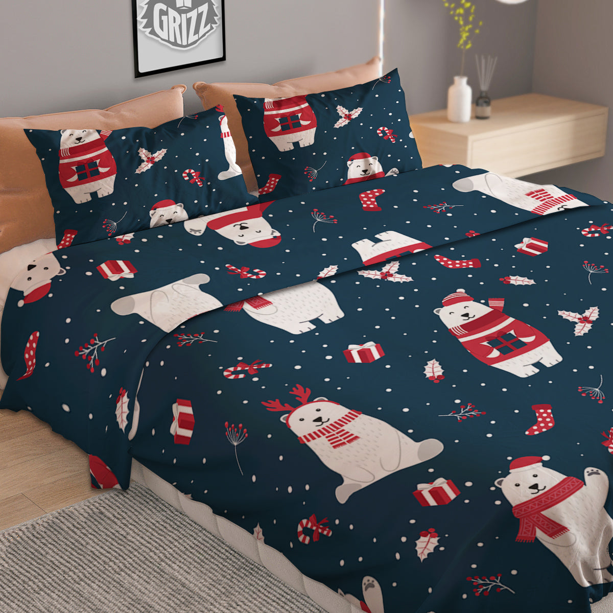 Polar Bear Xmas Print Pattern Duvet Cover Bedding Set