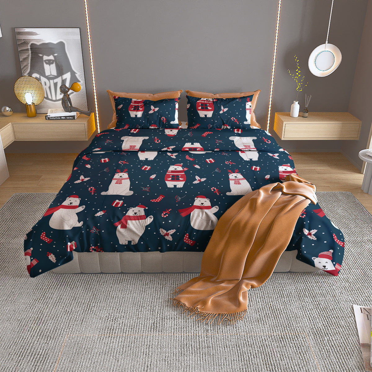 Polar Bear Xmas Print Pattern Duvet Cover Bedding Set
