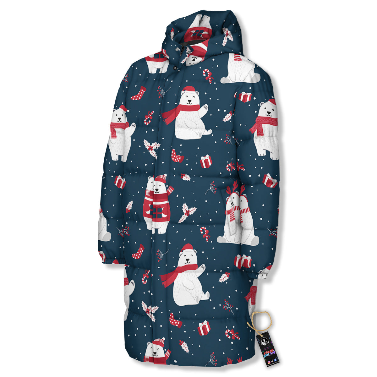 Polar Bear Xmas Print Pattern Long Down Jacket-grizzshop