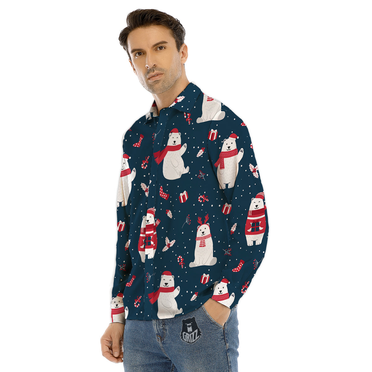 Polar Bear Xmas Print Pattern Men's Dress Shirts-grizzshop