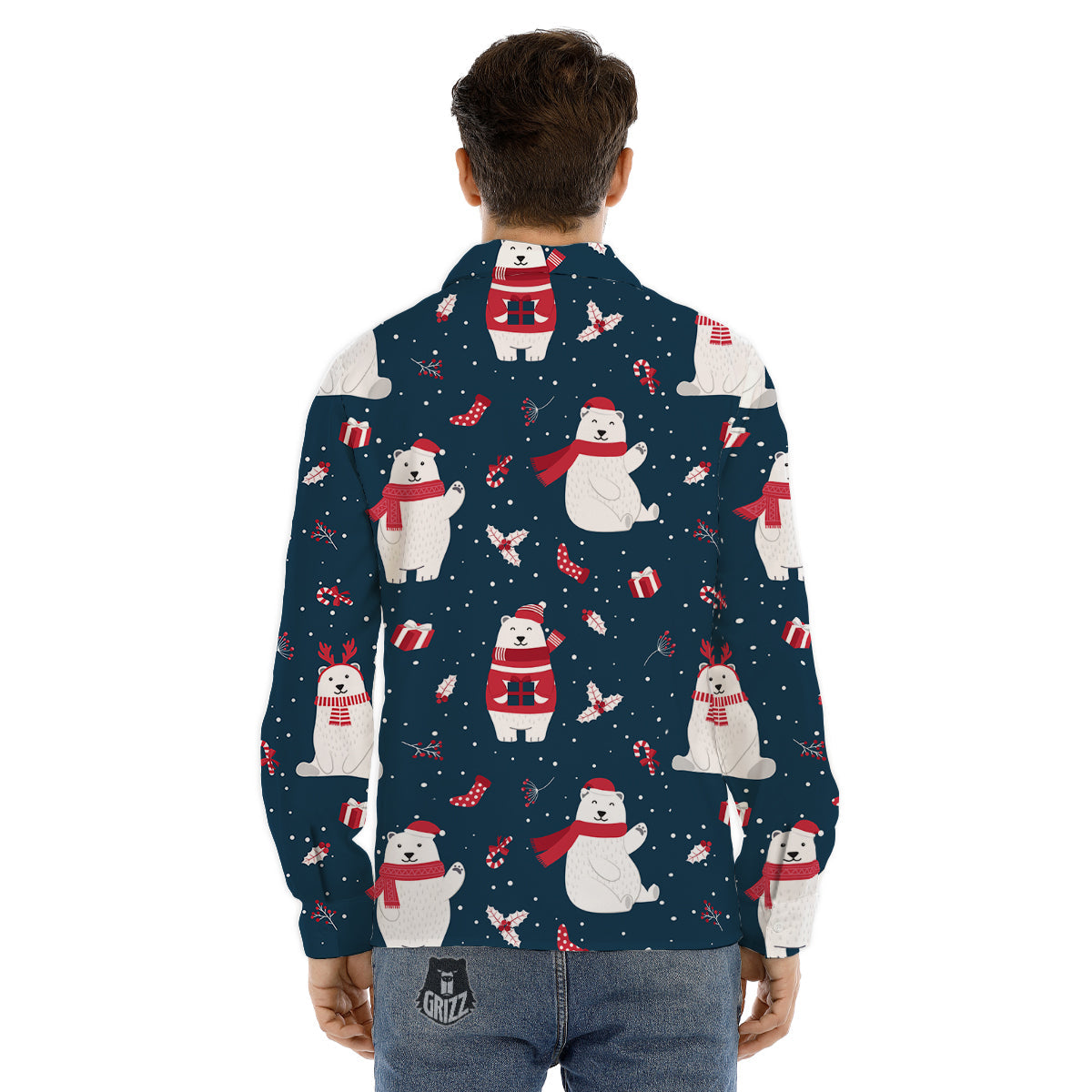 Polar Bear Xmas Print Pattern Men's Dress Shirts-grizzshop