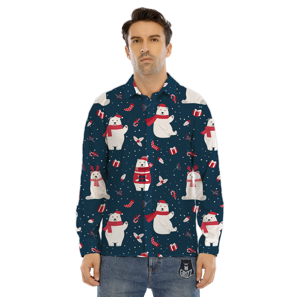 Polar Bear Xmas Print Pattern Men's Dress Shirts-grizzshop