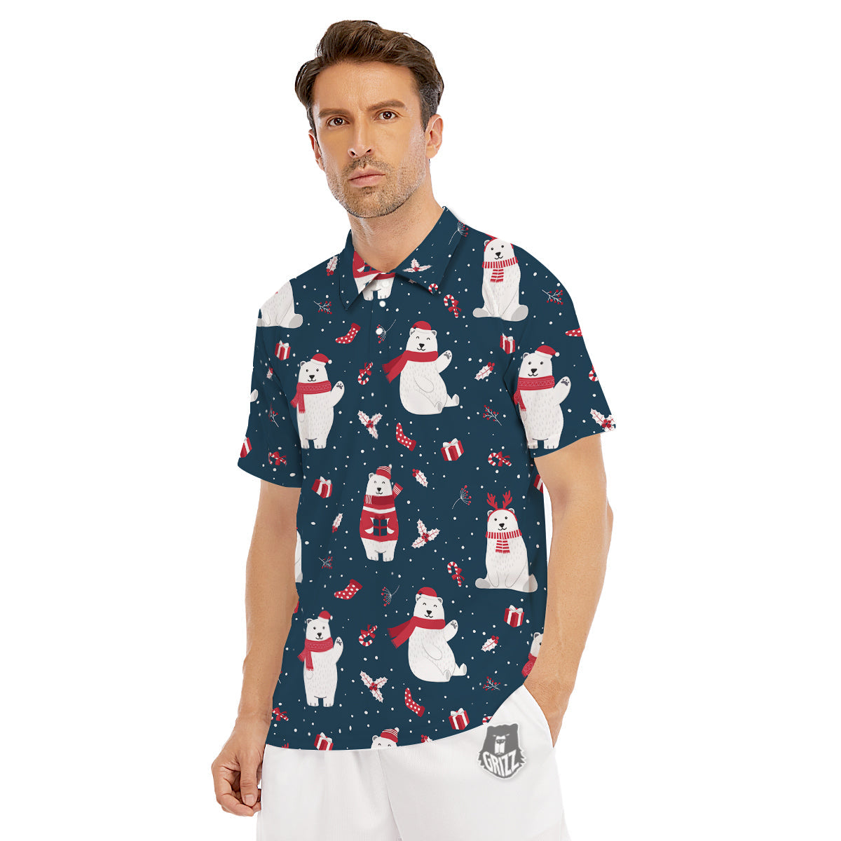Polar Bear Xmas Print Pattern Men's Golf Shirts-grizzshop