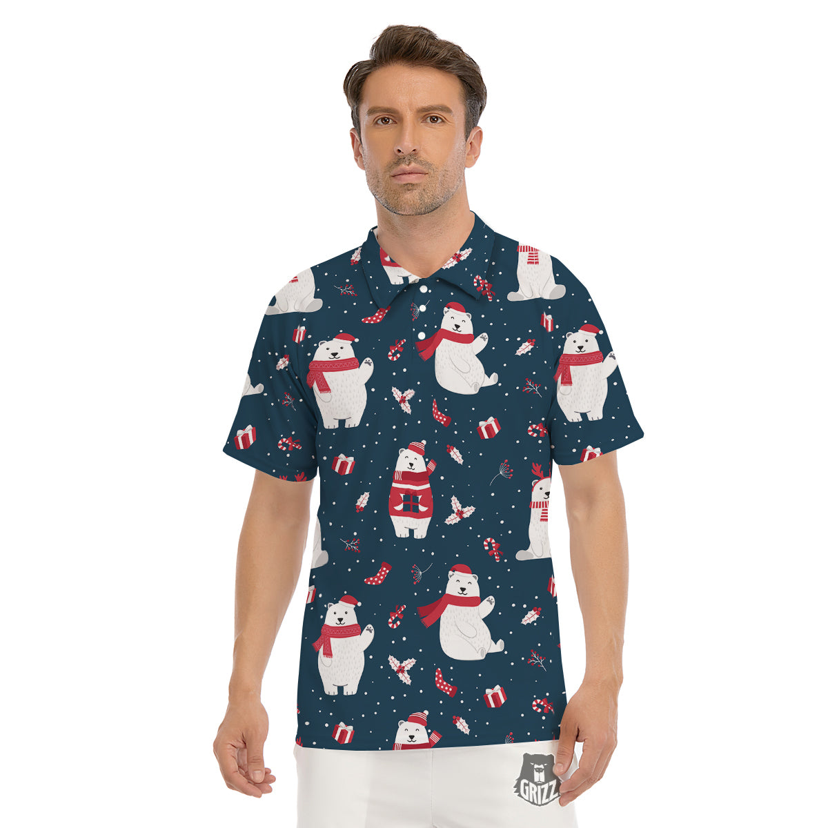 Polar Bear Xmas Print Pattern Men's Golf Shirts-grizzshop