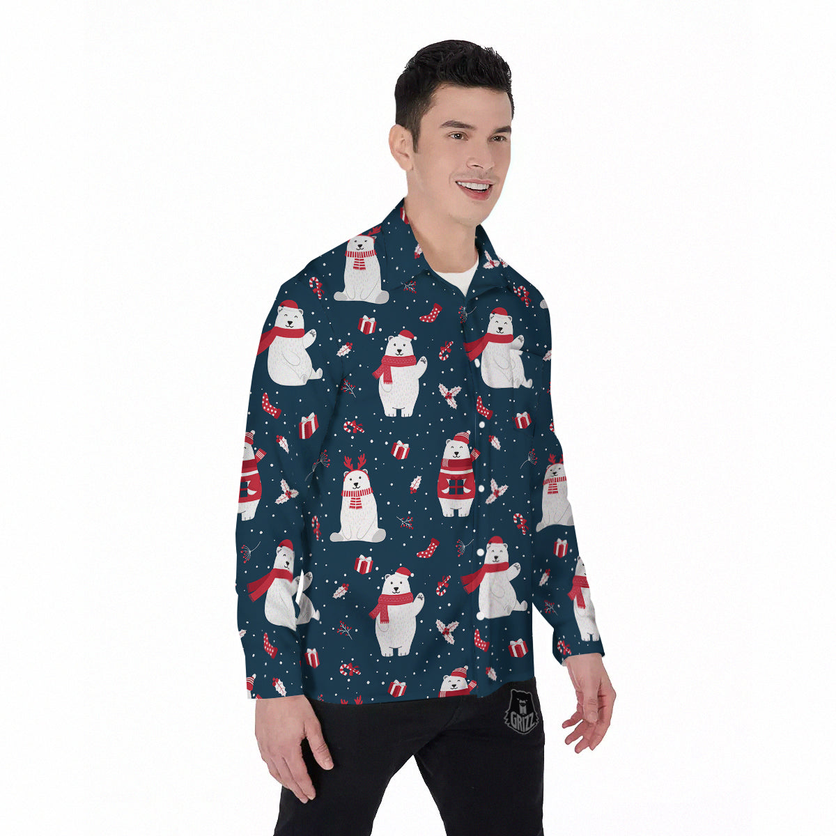 Polar Bear Xmas Print Pattern Men's Long Sleeve Shirts-grizzshop