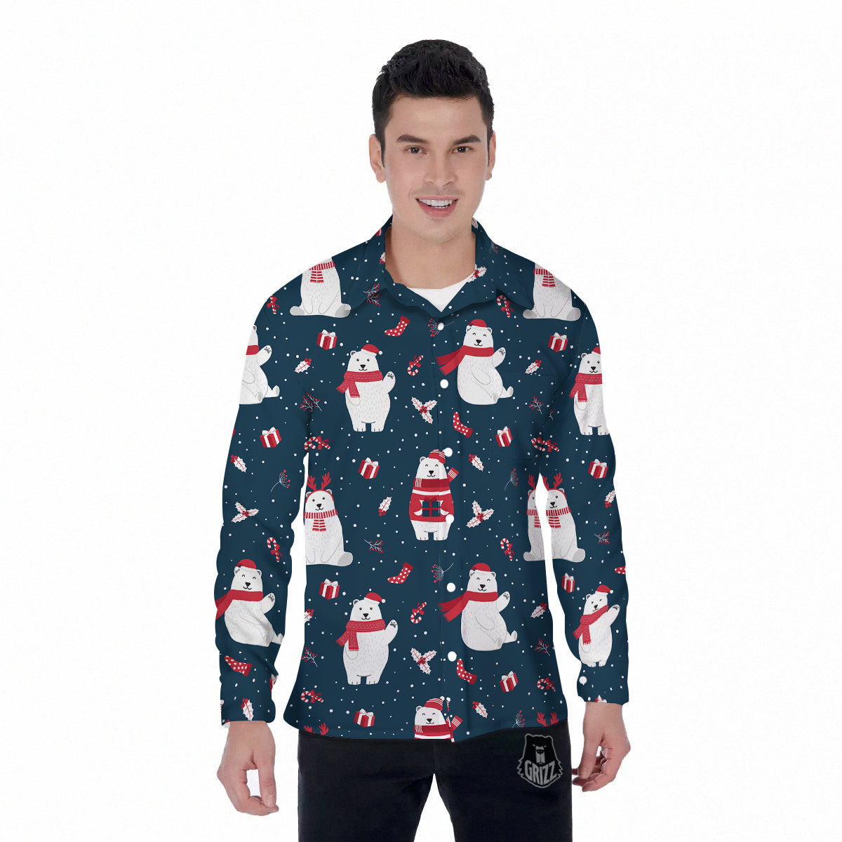 Polar Bear Xmas Print Pattern Men's Long Sleeve Shirts-grizzshop