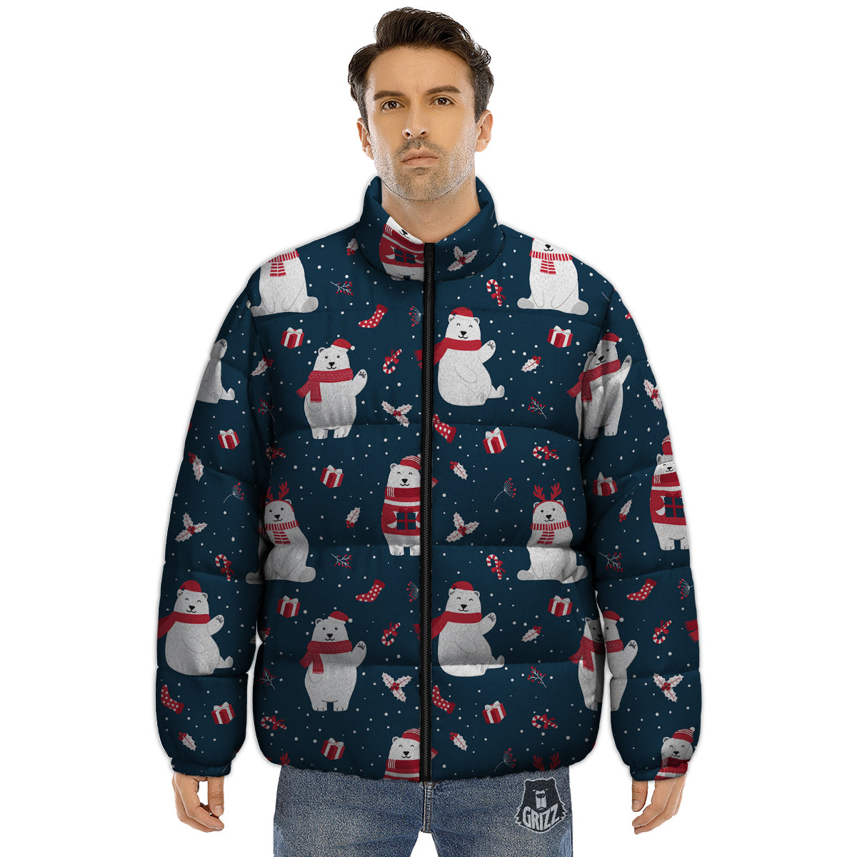 Polar Bear Xmas Print Pattern Puffer Jacket-grizzshop