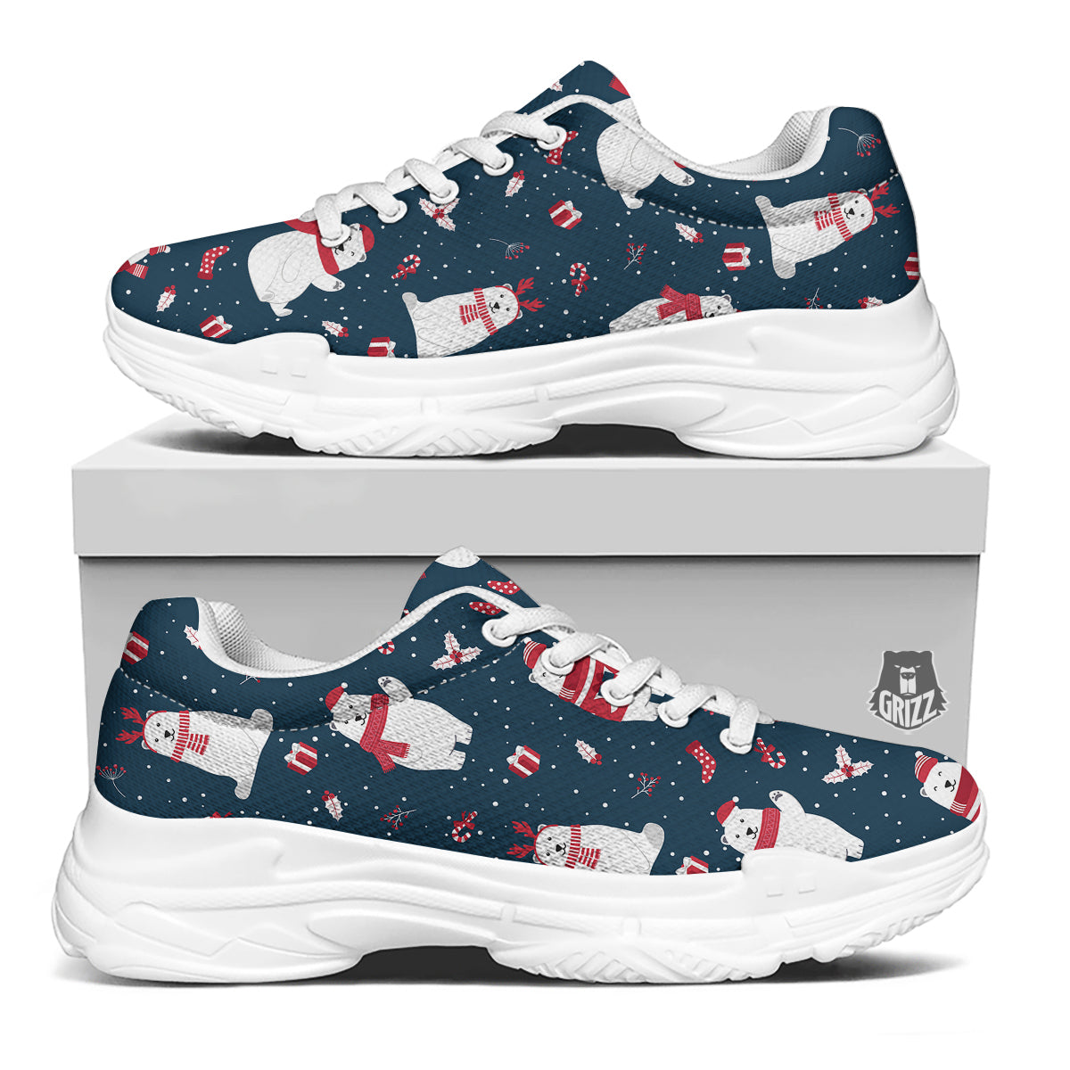 Polar Bear Xmas Print Pattern White Chunky Shoes-grizzshop