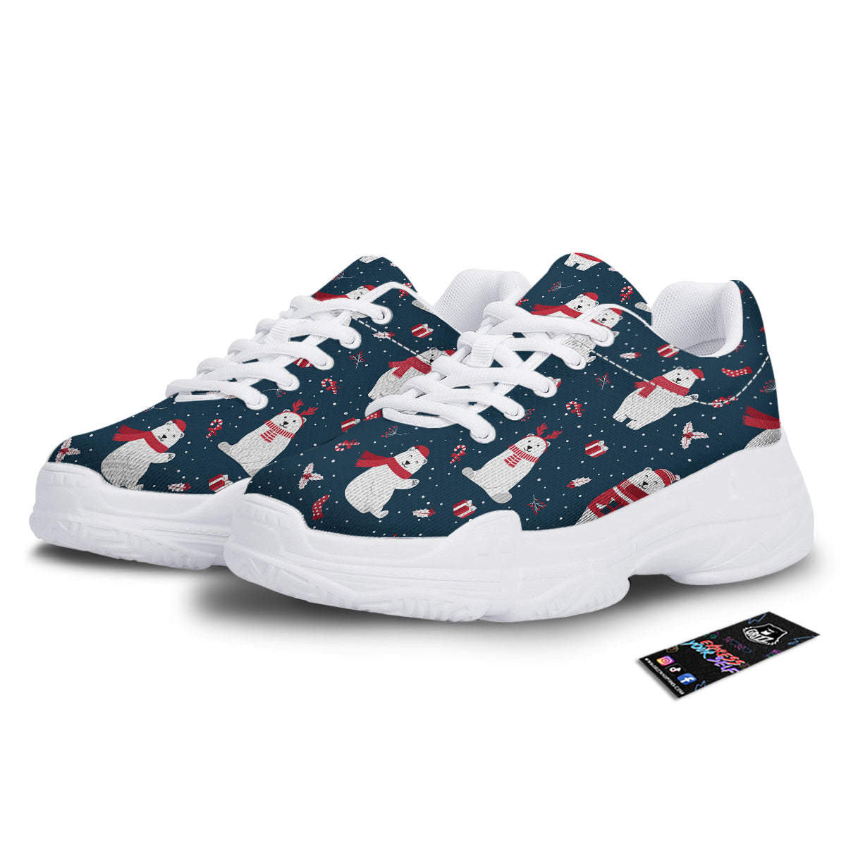 Polar Bear Xmas Print Pattern White Chunky Shoes-grizzshop