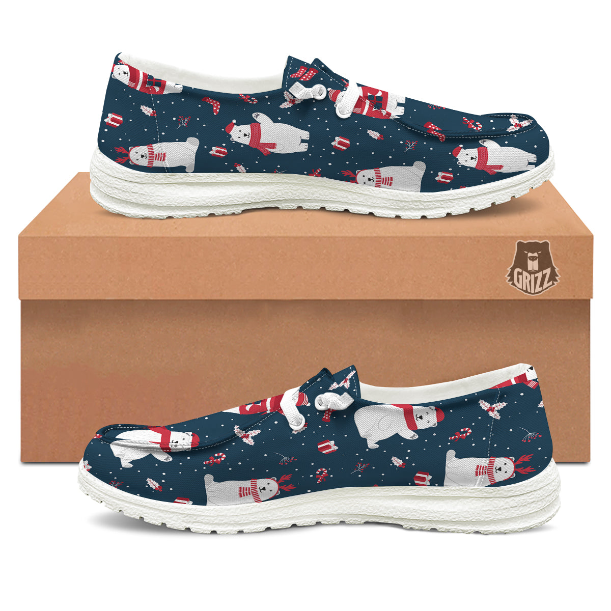 Polar Bear Xmas Print Pattern White Loafers-grizzshop