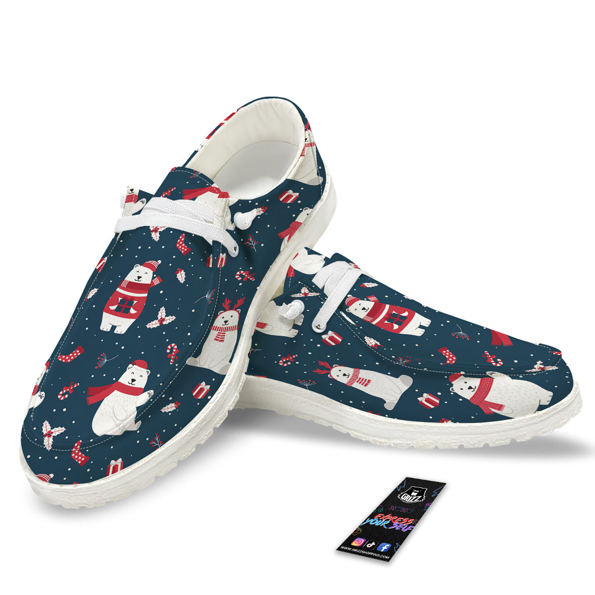 Polar Bear Xmas Print Pattern White Loafers-grizzshop
