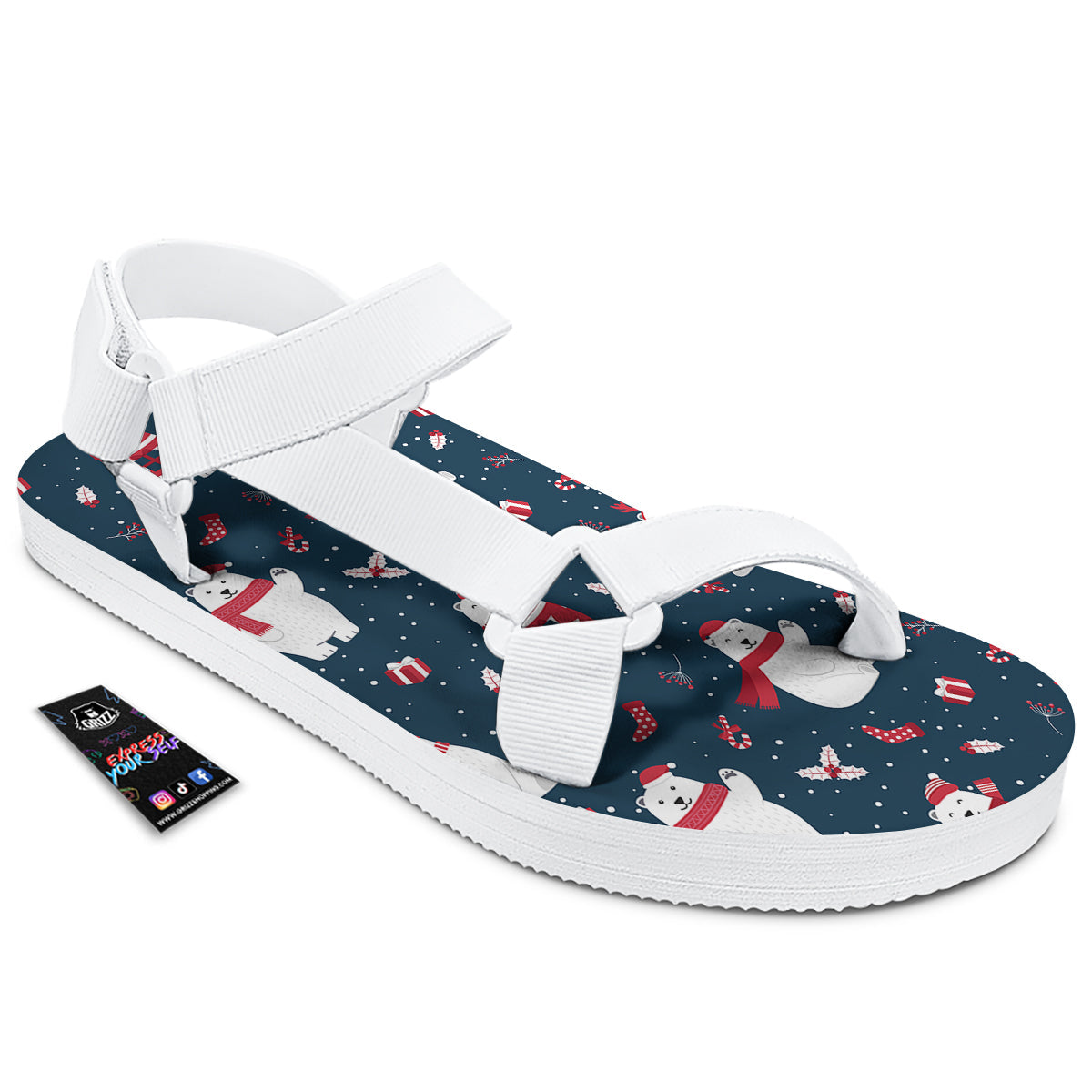 Polar Bear Xmas Print Pattern White Open Toe Sandals-grizzshop