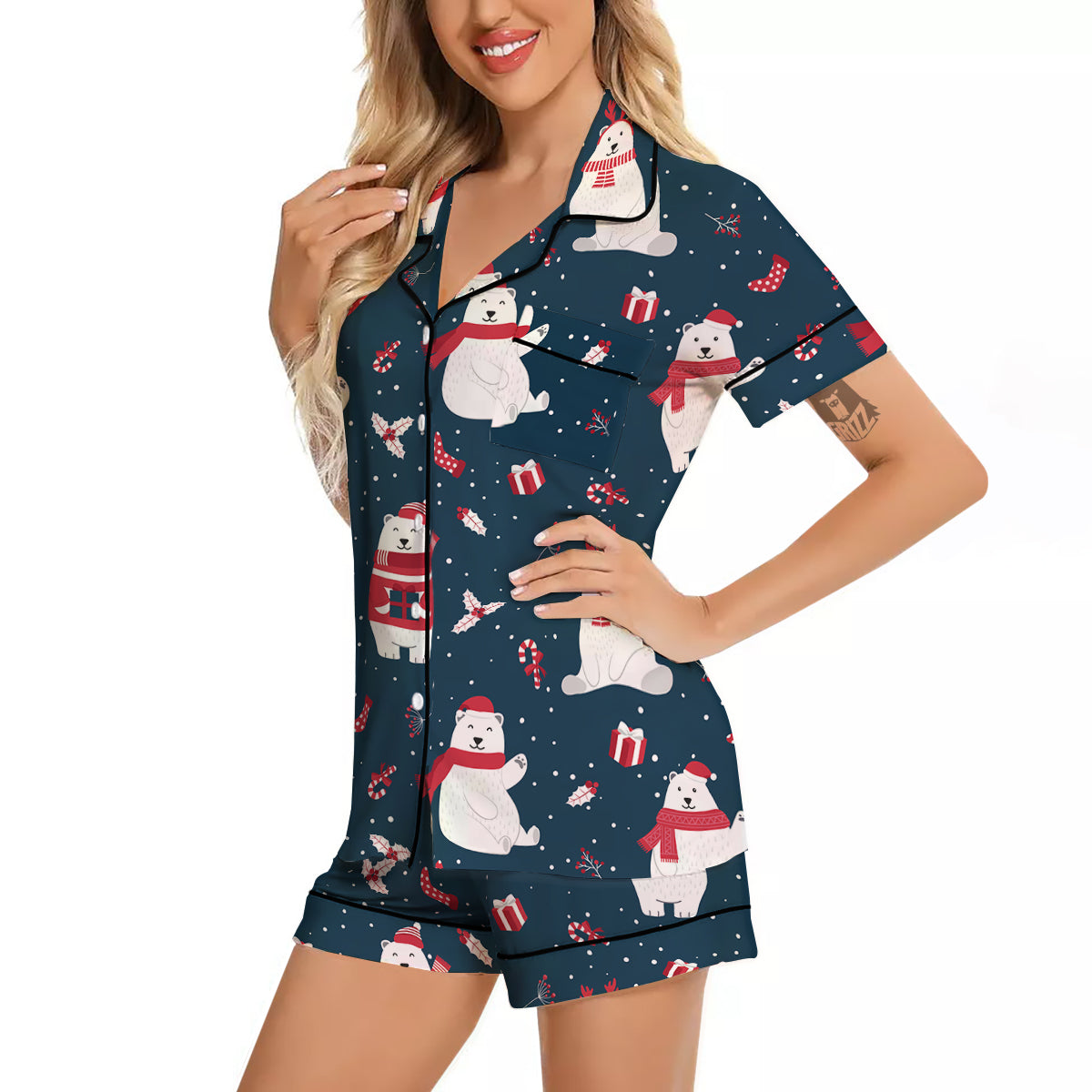 Polar Bear Xmas Print Pattern Women Silk Pajamas-grizzshop