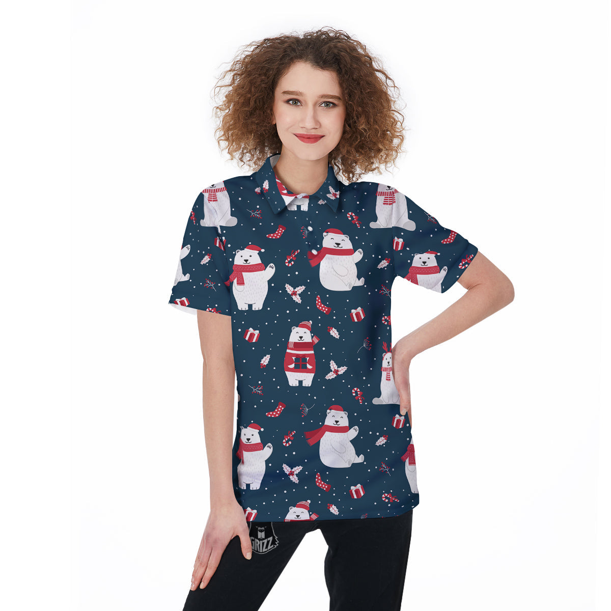 Polar Bear Xmas Print Pattern Women's Golf Shirts-grizzshop