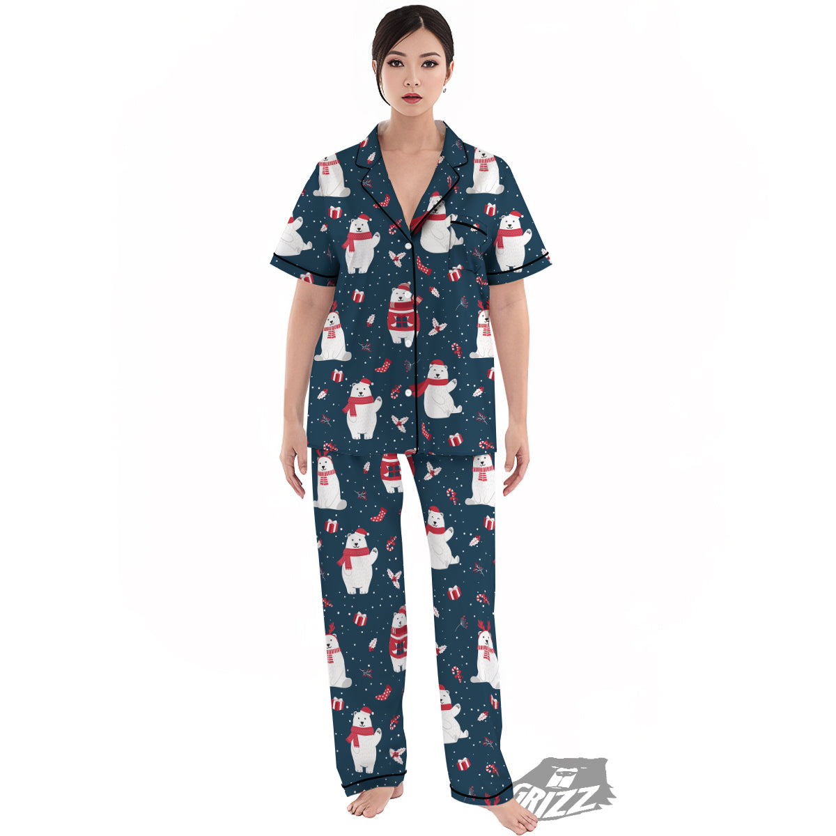 Polar Bear Xmas Print Pattern Women's Pajamas Set-grizzshop