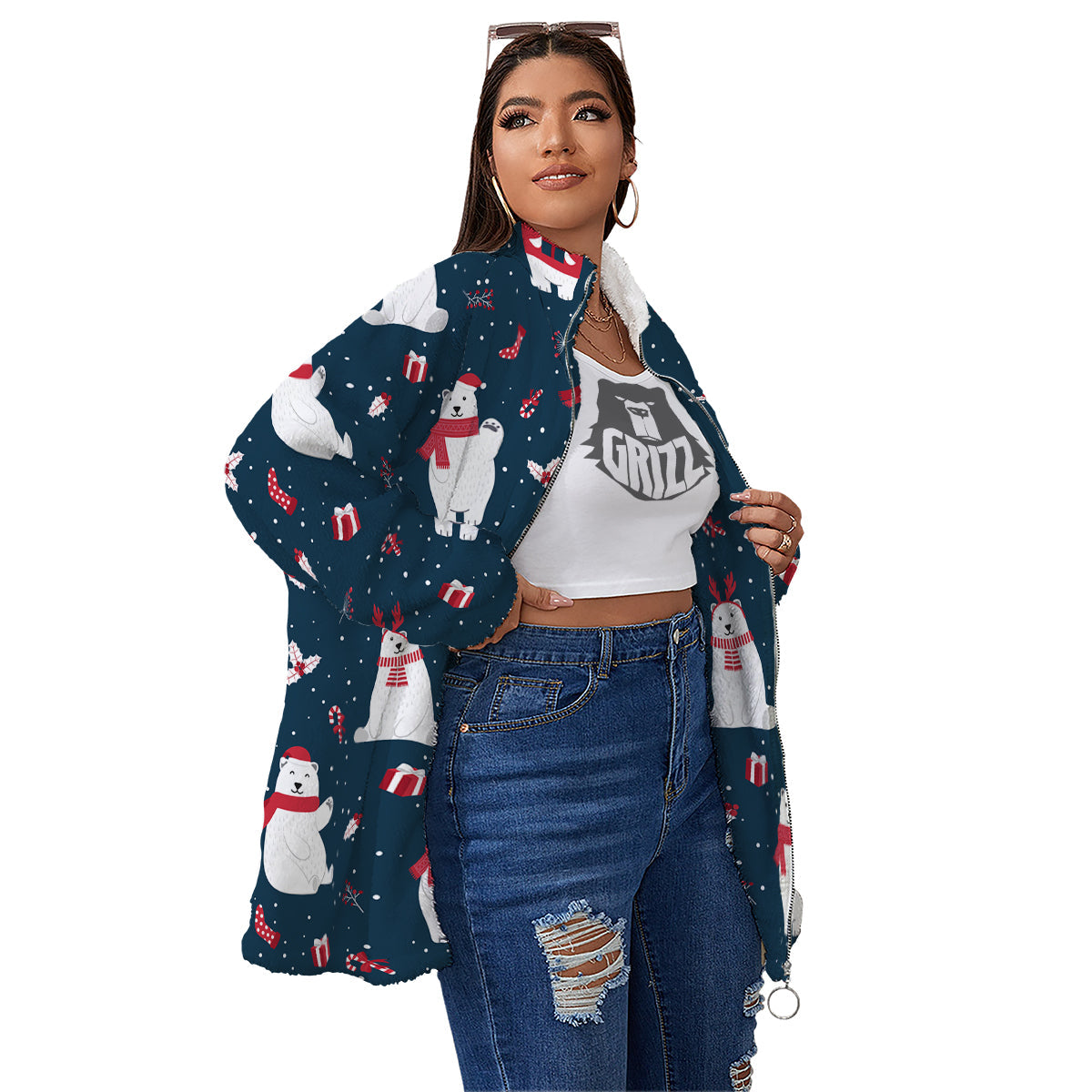 Polar Bear Xmas Print Pattern Women's Sherpa Jacket-grizzshop