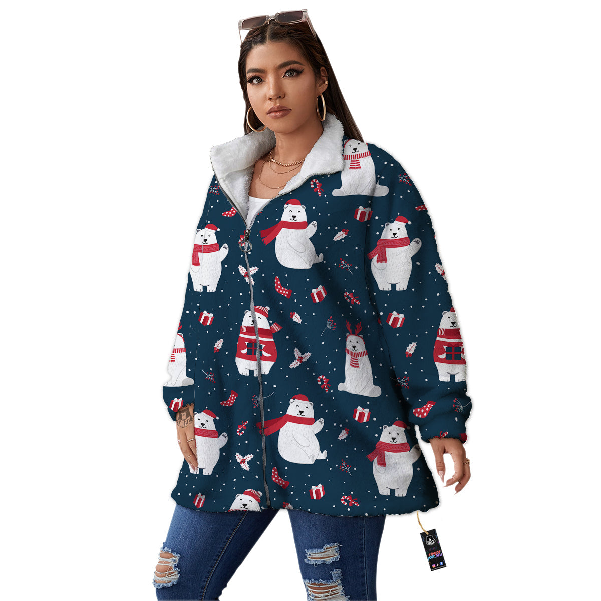 Polar Bear Xmas Print Pattern Women's Sherpa Jacket-grizzshop