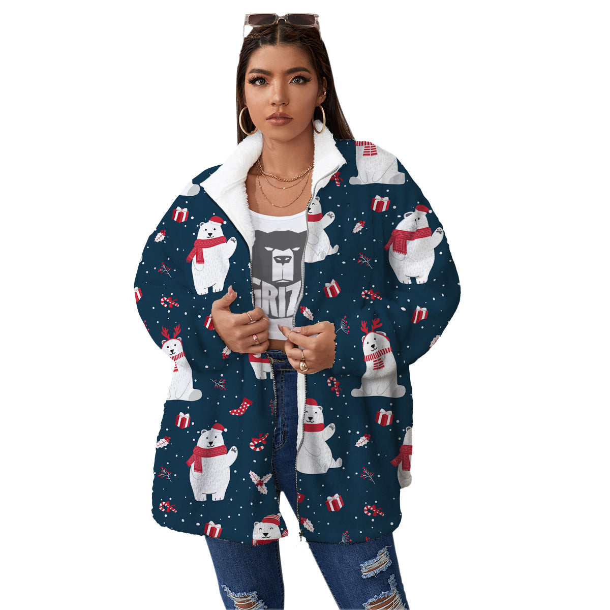 Polar Bear Xmas Print Pattern Women's Sherpa Jacket-grizzshop