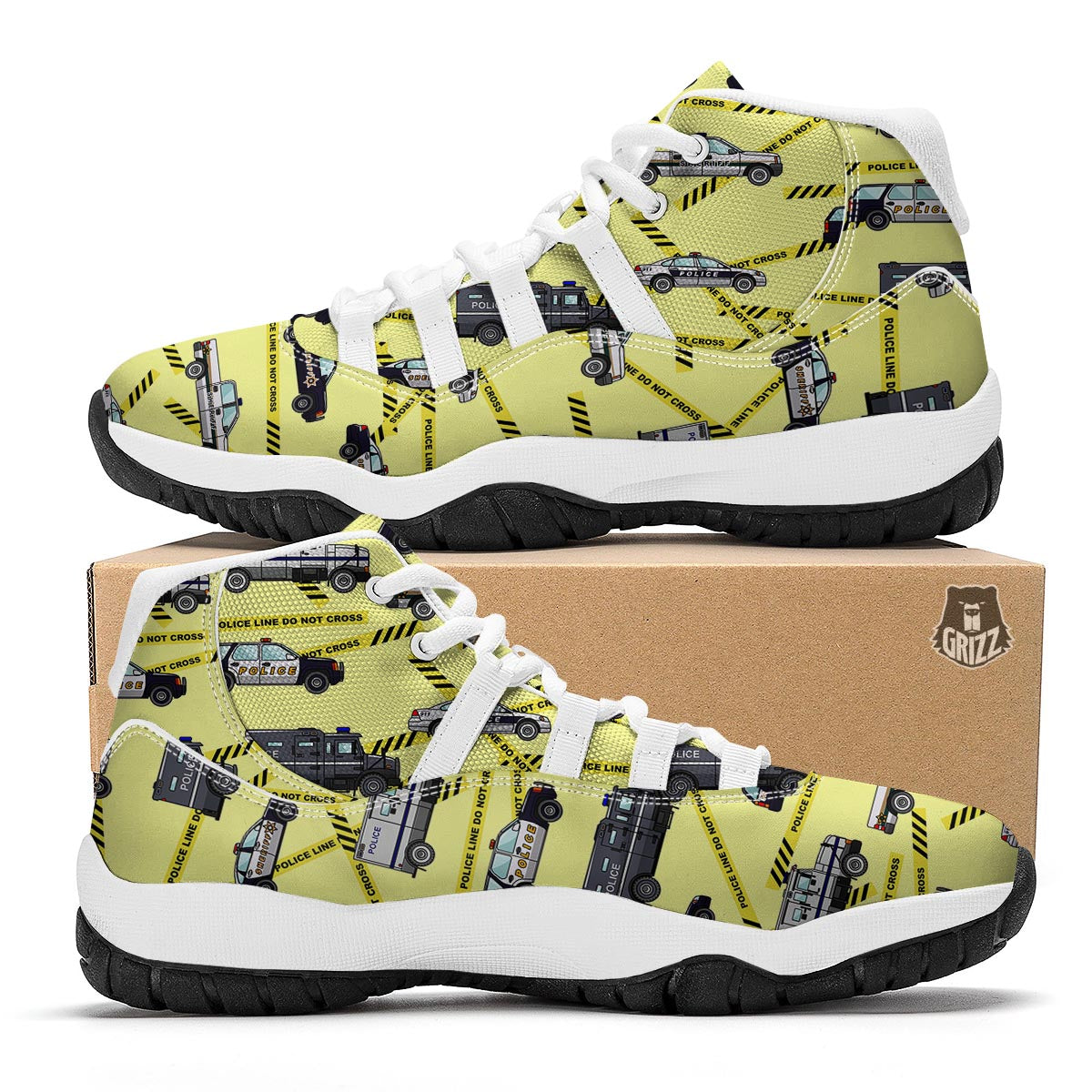Police Car Pattern Print White Bball Shoes-grizzshop