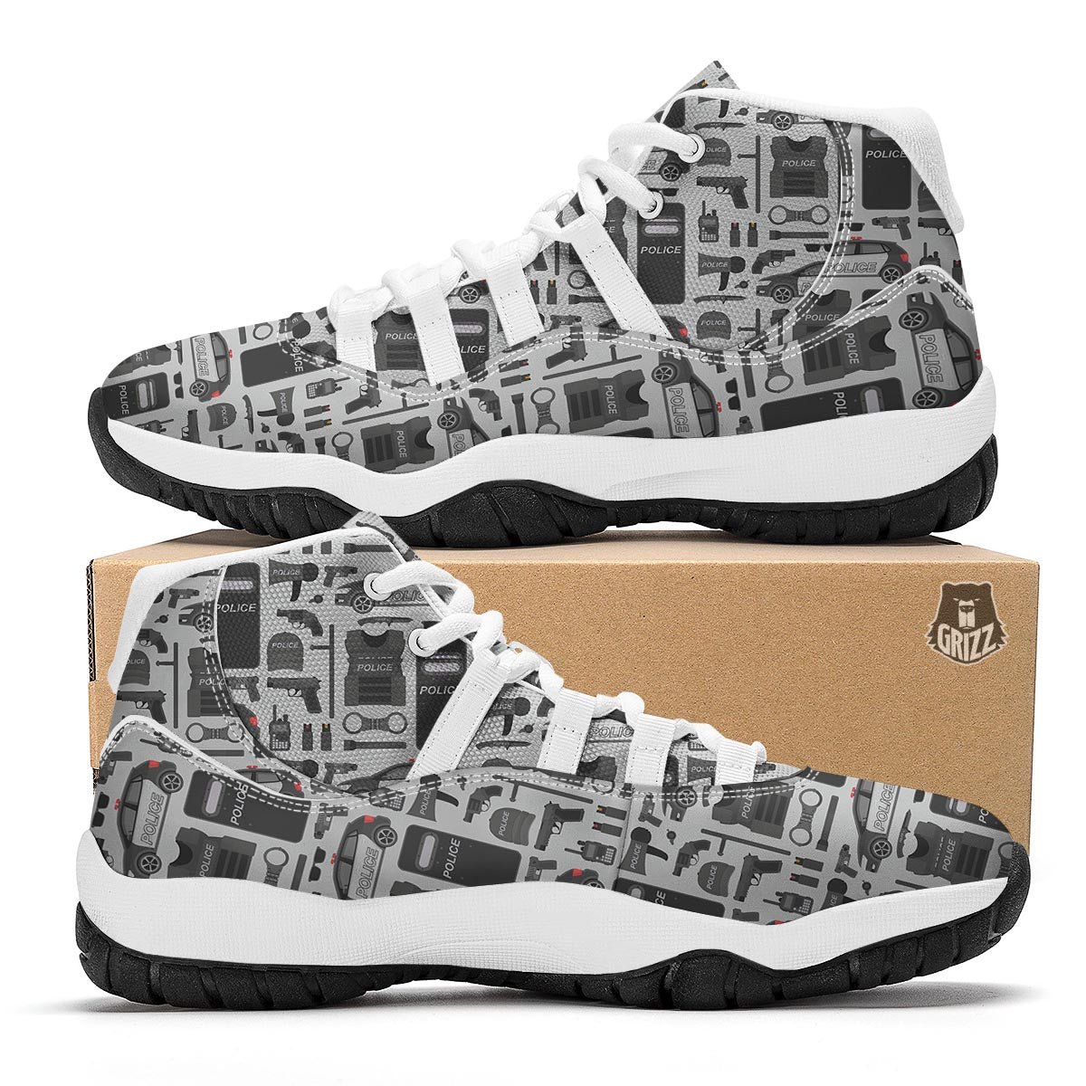 Police Print Pattern White Bball Shoes-grizzshop