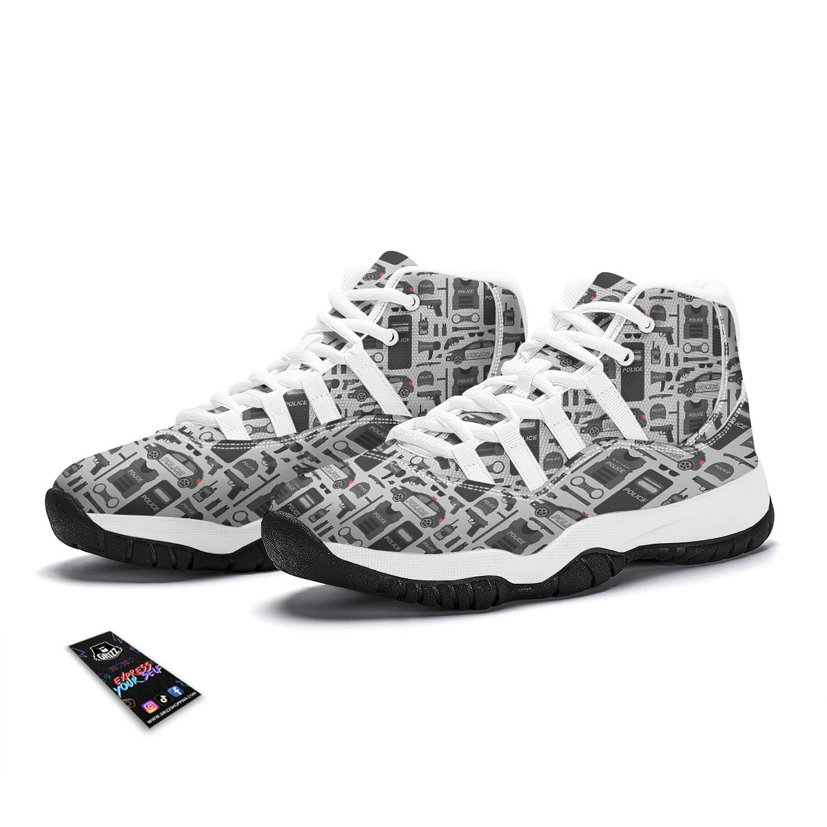 Police Print Pattern White Bball Shoes-grizzshop
