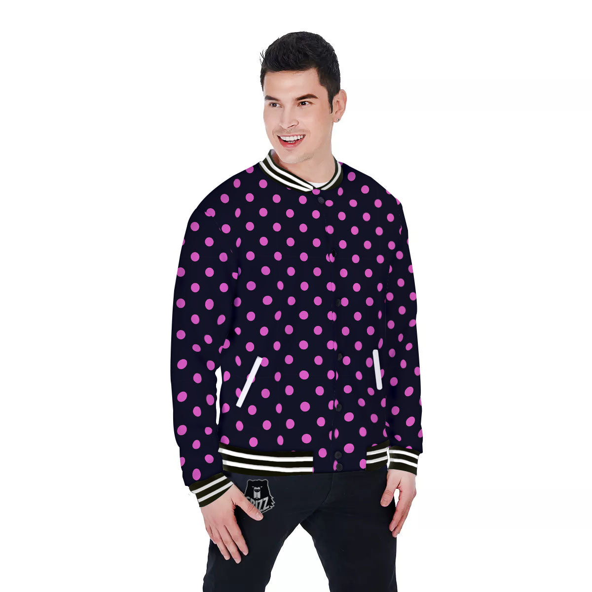 Polka Dot Black And Pink Print Pattern Baseball Jacket-grizzshop