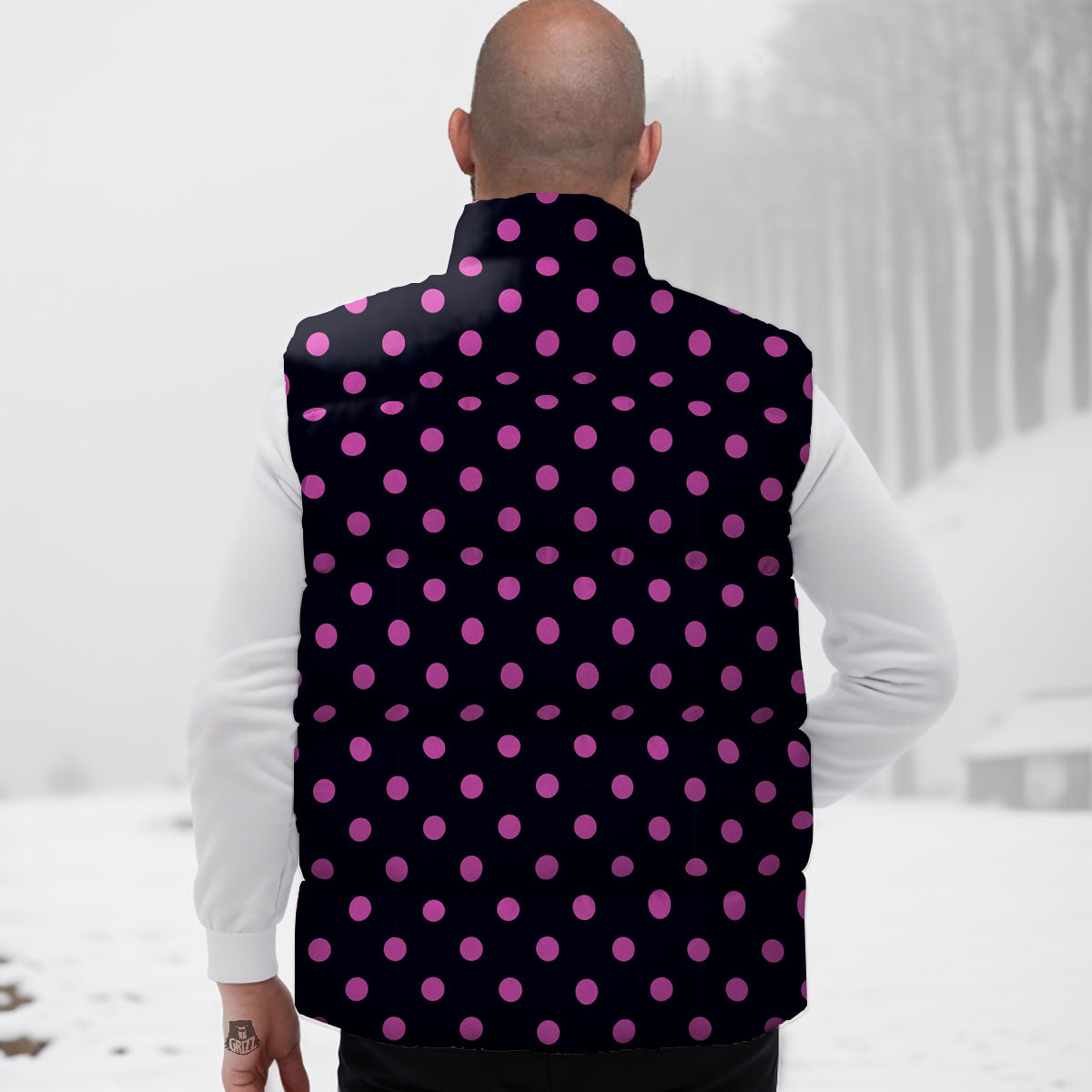 Polka Dot Black And Pink Print Pattern Down Vest