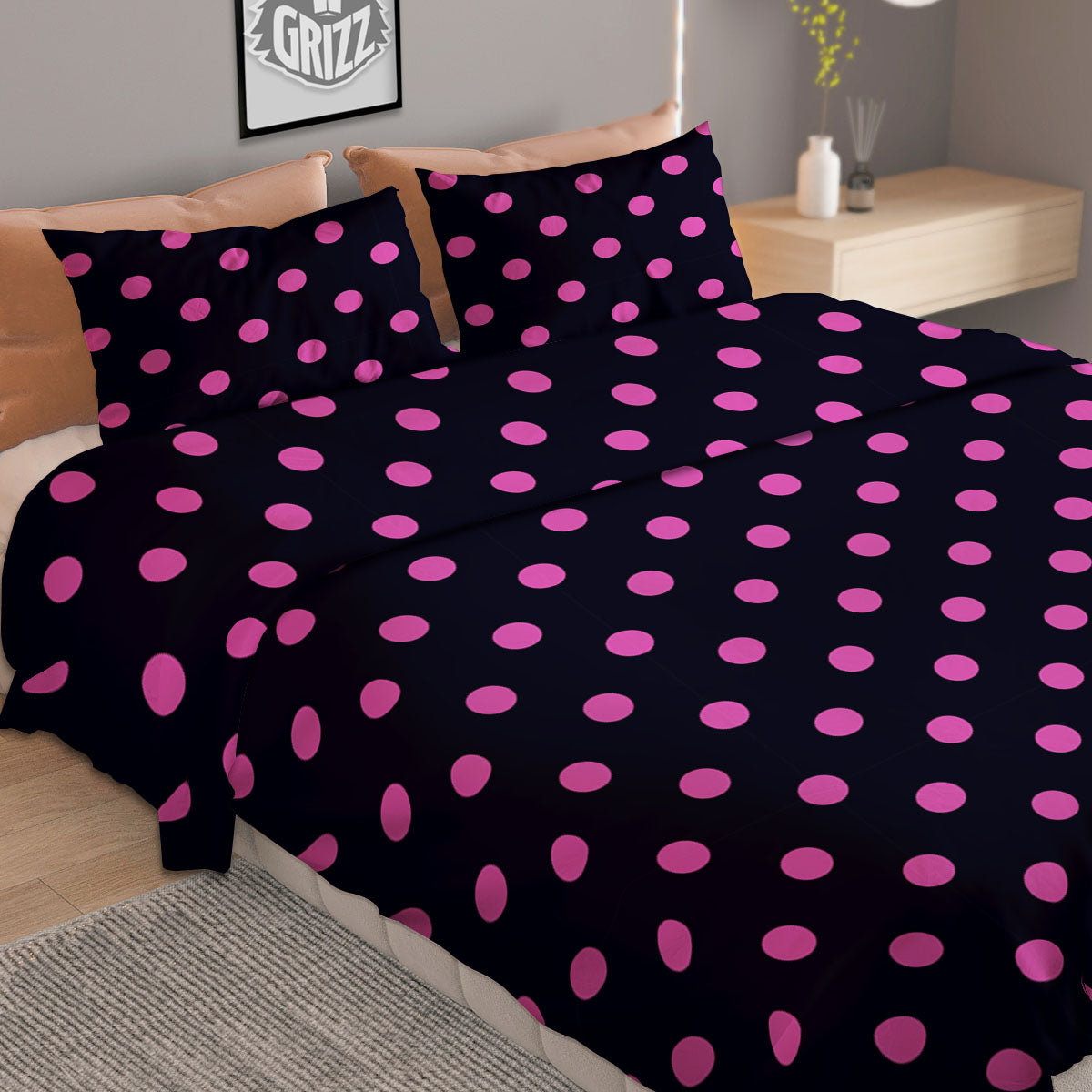 Polka Dot Black And Pink Print Pattern Duvet Cover Bedding Set