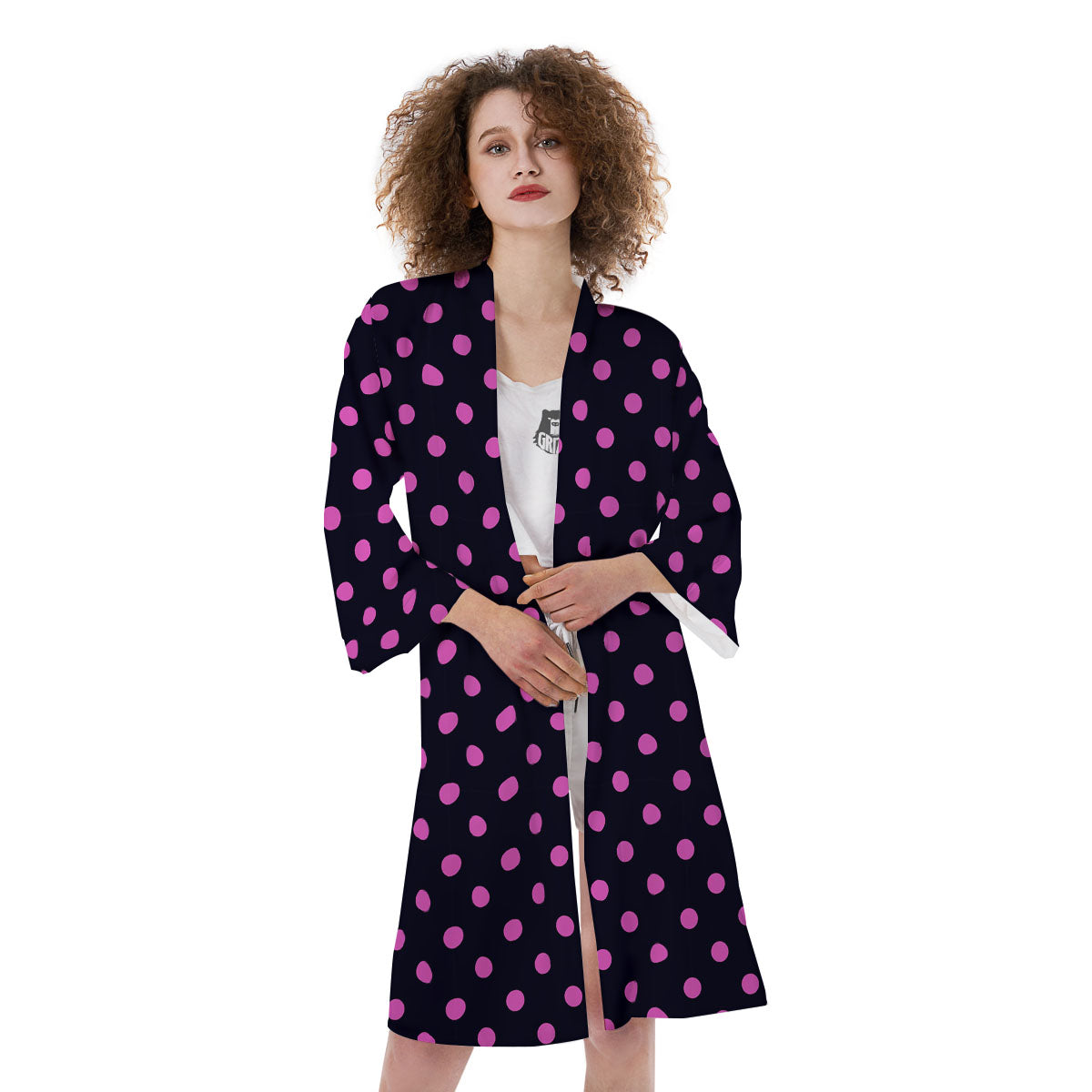 Polka Dot Black And Pink Print Pattern Kimono-grizzshop
