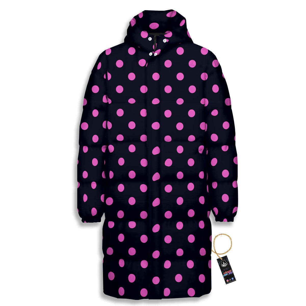 Polka Dot Black And Pink Print Pattern Long Down Jacket-grizzshop