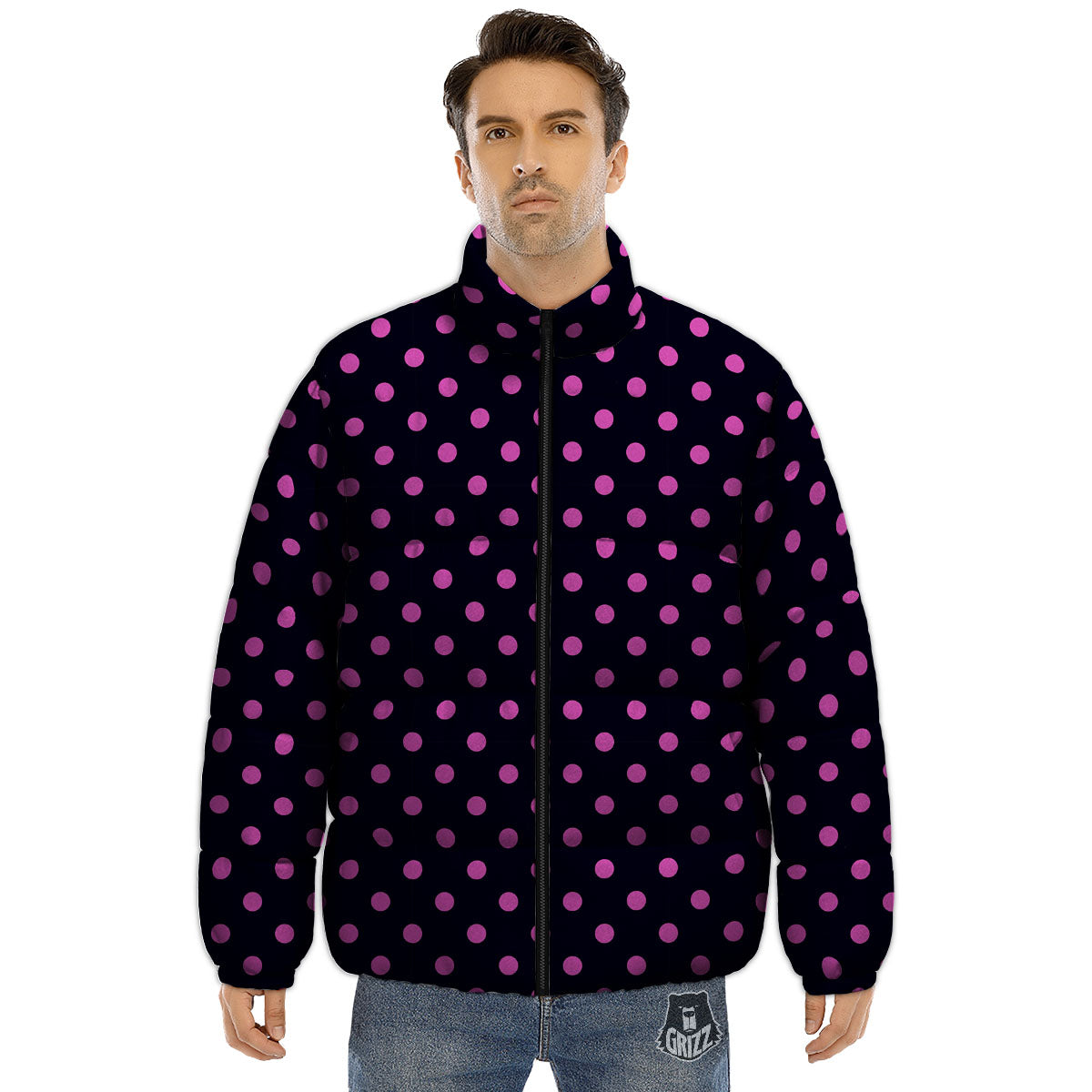Polka Dot Black And Pink Print Pattern Puffer Jacket-grizzshop
