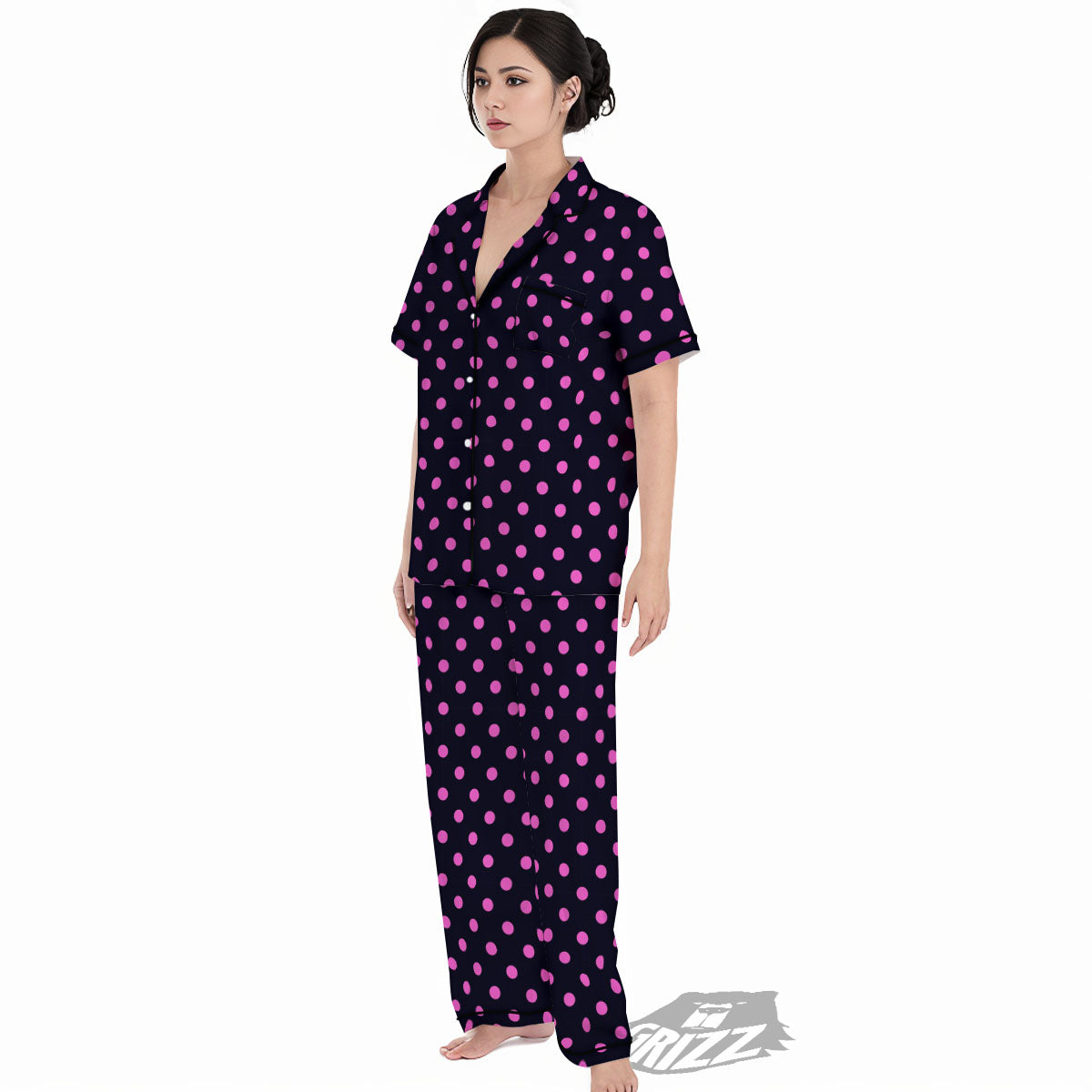 Polka Dot Black And Pink Print Pattern Women's Pajamas Set-grizzshop