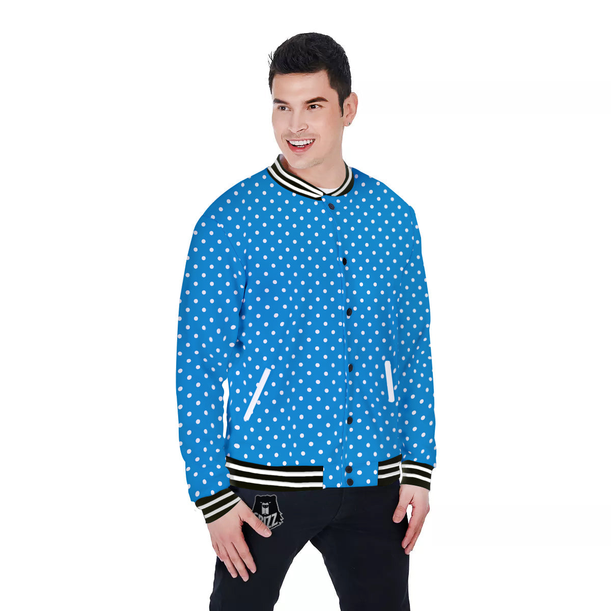 Polka Dot Blue And White Print Pattern Baseball Jacket-grizzshop