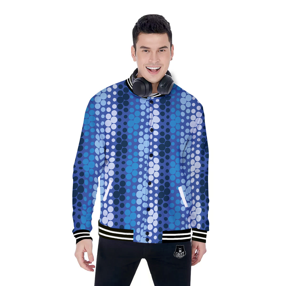 Polka Dot Blue Striped Print Pattern Baseball Jacket-grizzshop