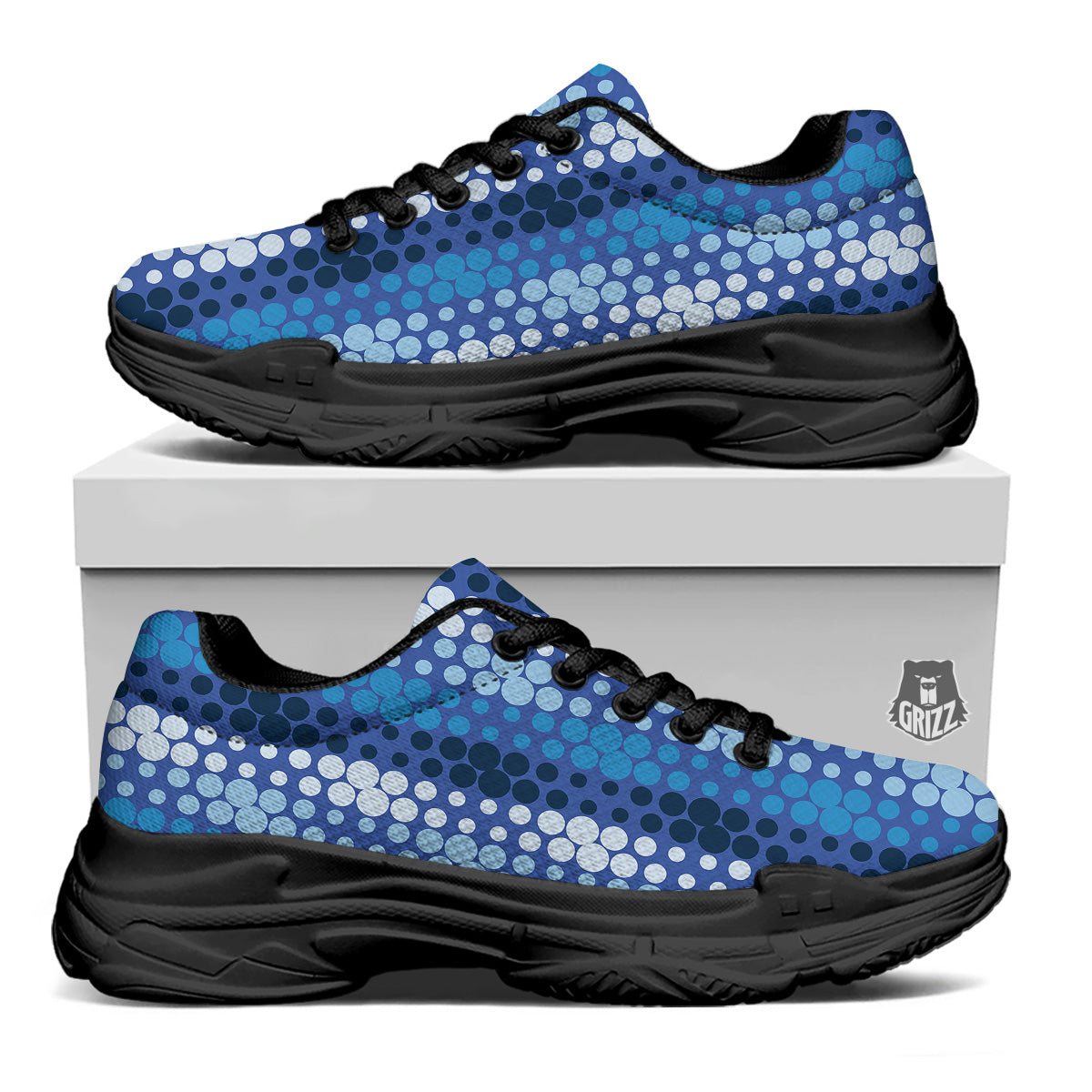 Polka Dot Blue Striped Print Pattern Black Chunky Shoes-grizzshop