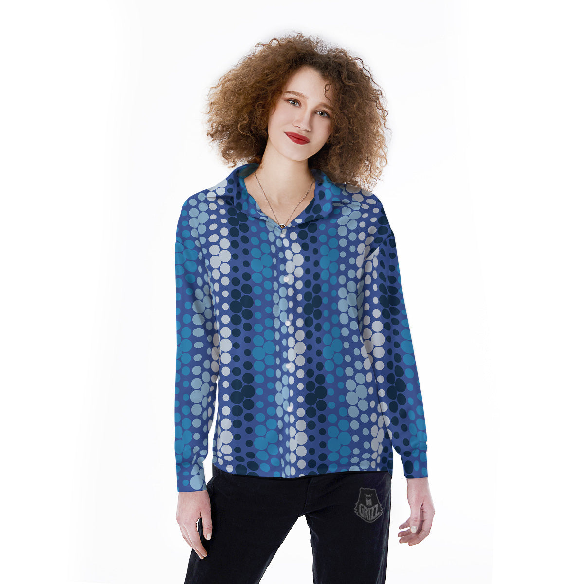 Polka Dot Blue Striped Print Pattern Women's Long Sleeve Shirts-grizzshop