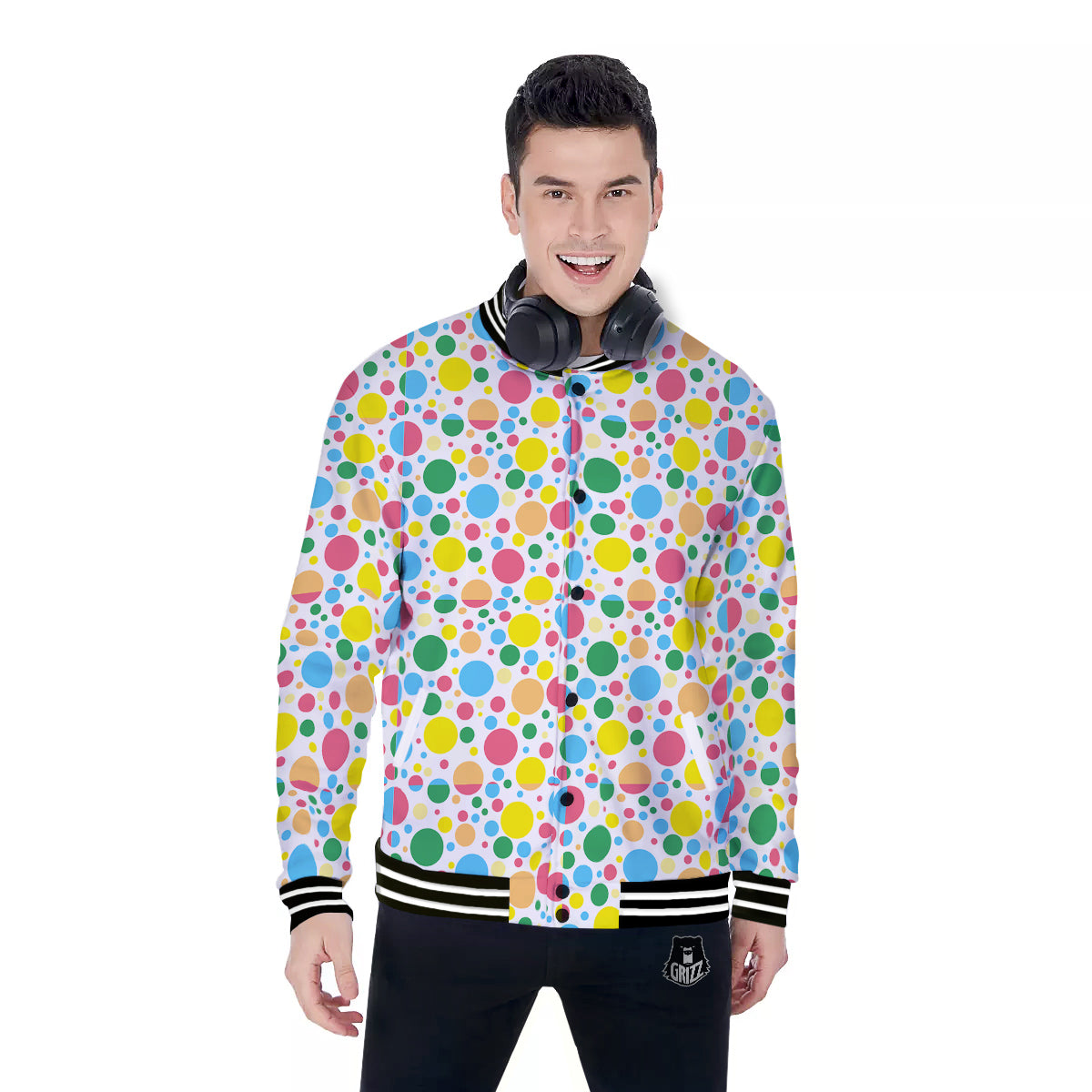 Polka Dot Colorful Print Pattern Baseball Jacket-grizzshop