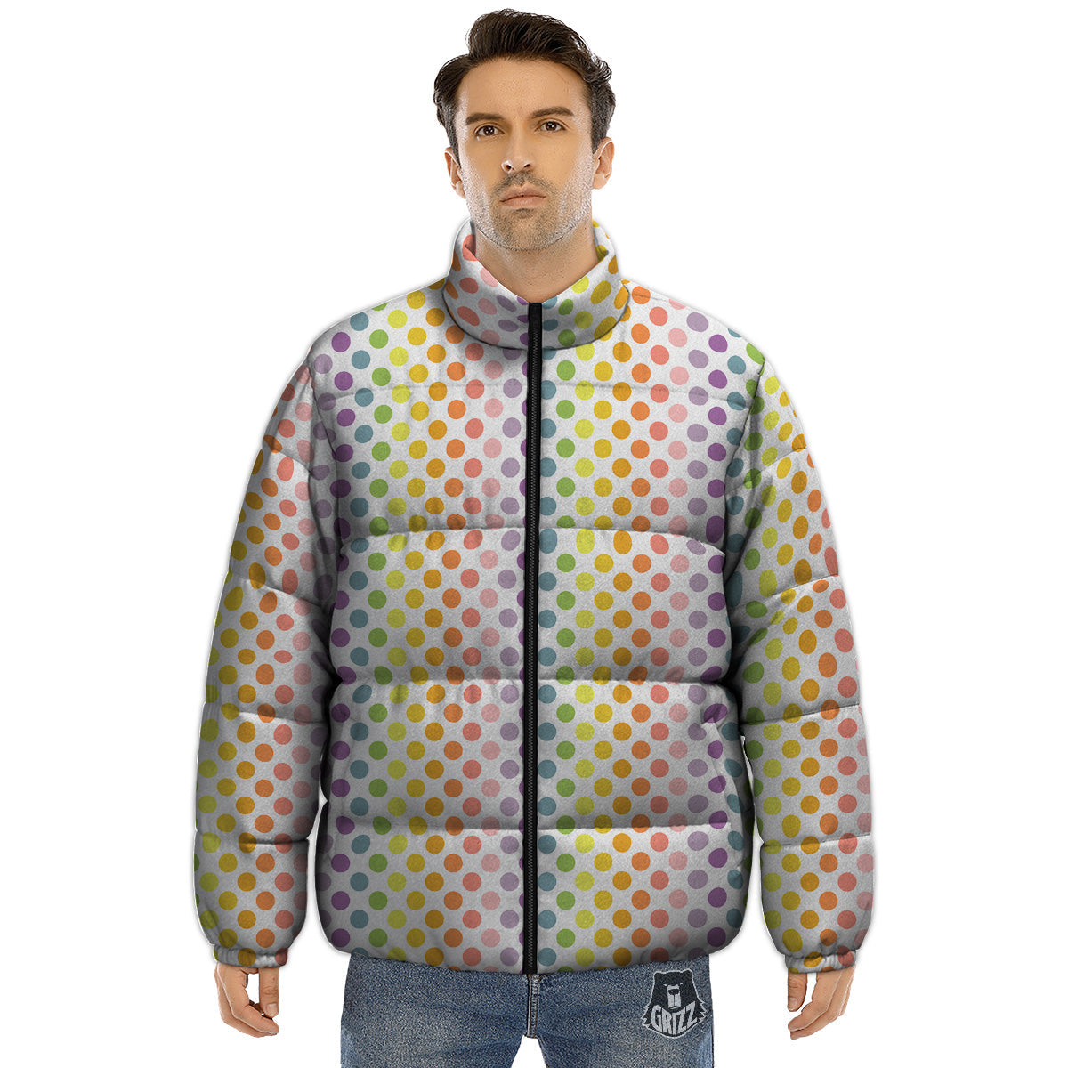 Polka Dot Colors Rainbow Print Pattern Puffer Jacket-grizzshop