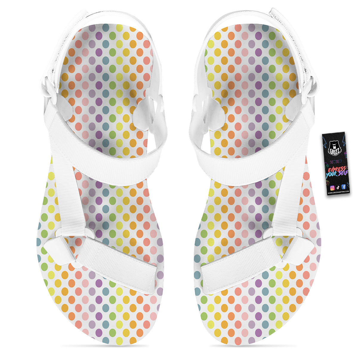 Polka Dot Colors Rainbow Print Pattern White Open Toe Sandals-grizzshop