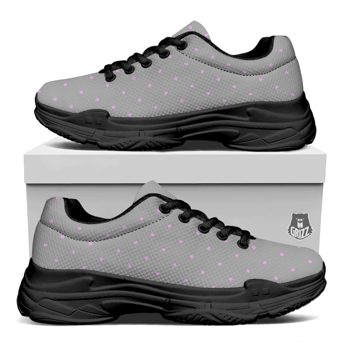 Polka Dot Grey And Pink Dot Print Pattern Black Chunky Shoes-grizzshop