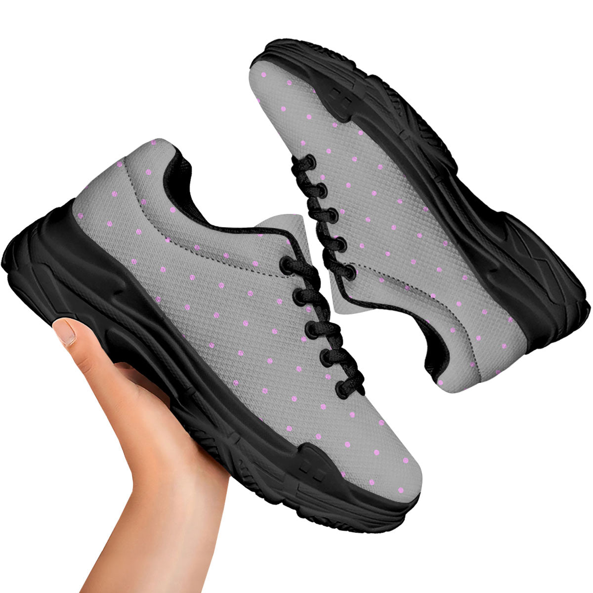 Polka Dot Grey And Pink Dot Print Pattern Black Chunky Shoes-grizzshop